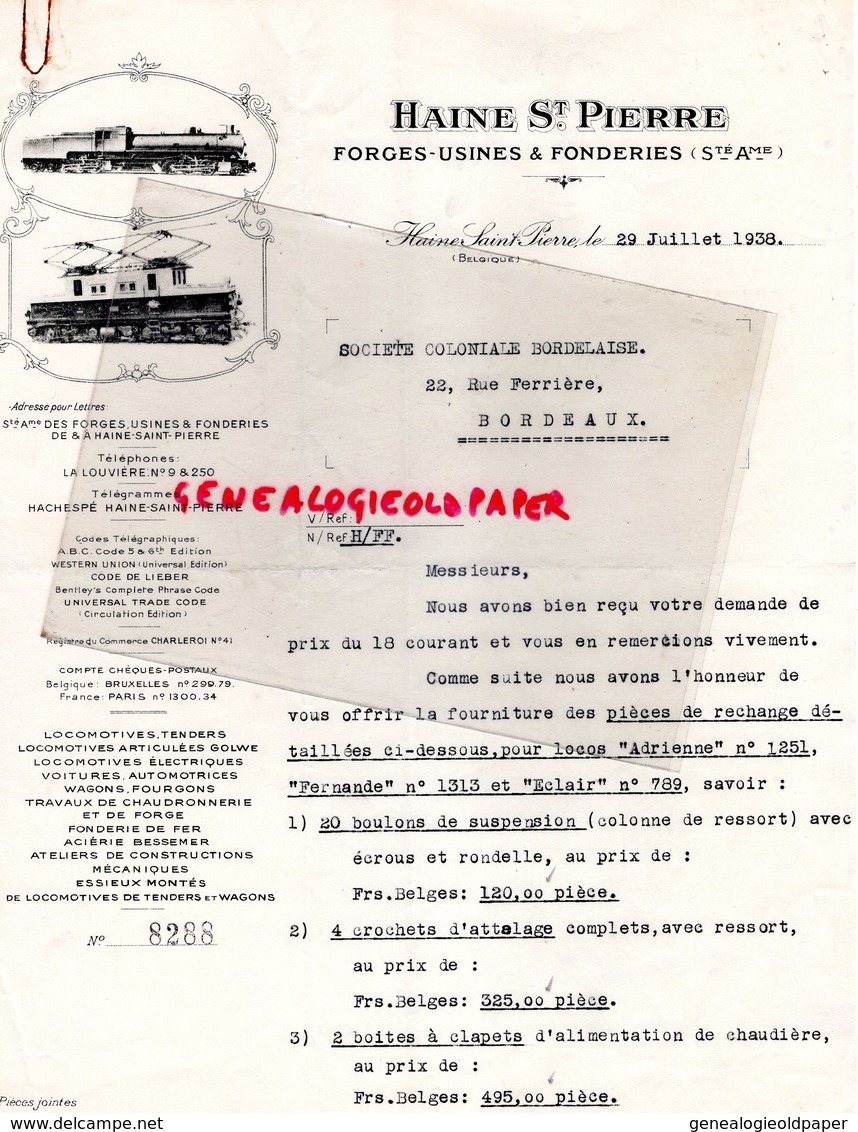 BELGIQUE- HAINE SAINT PIERRE-HACHESPE- LETTRE SOCIETE DES FORGES USINES & FONDERIES-FONDERIE-1938 - Petits Métiers