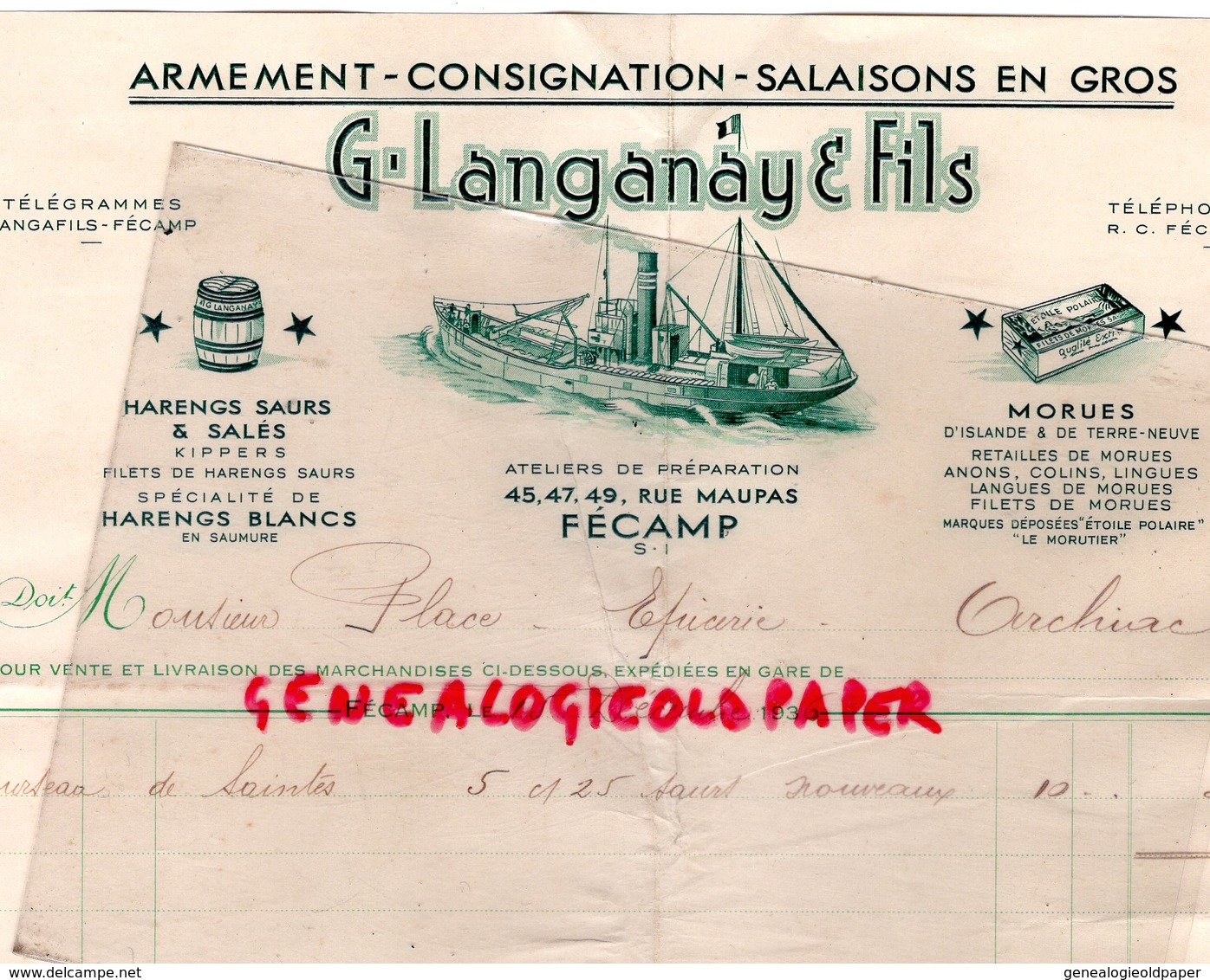 76- FECAMP- FACTURE G. LANGANAY & FILS- ARMEMENT CONSIGNATION SALAISONS-HARENGS SAURS-MORUES-45 RUE MAUPAS-1936 - Petits Métiers