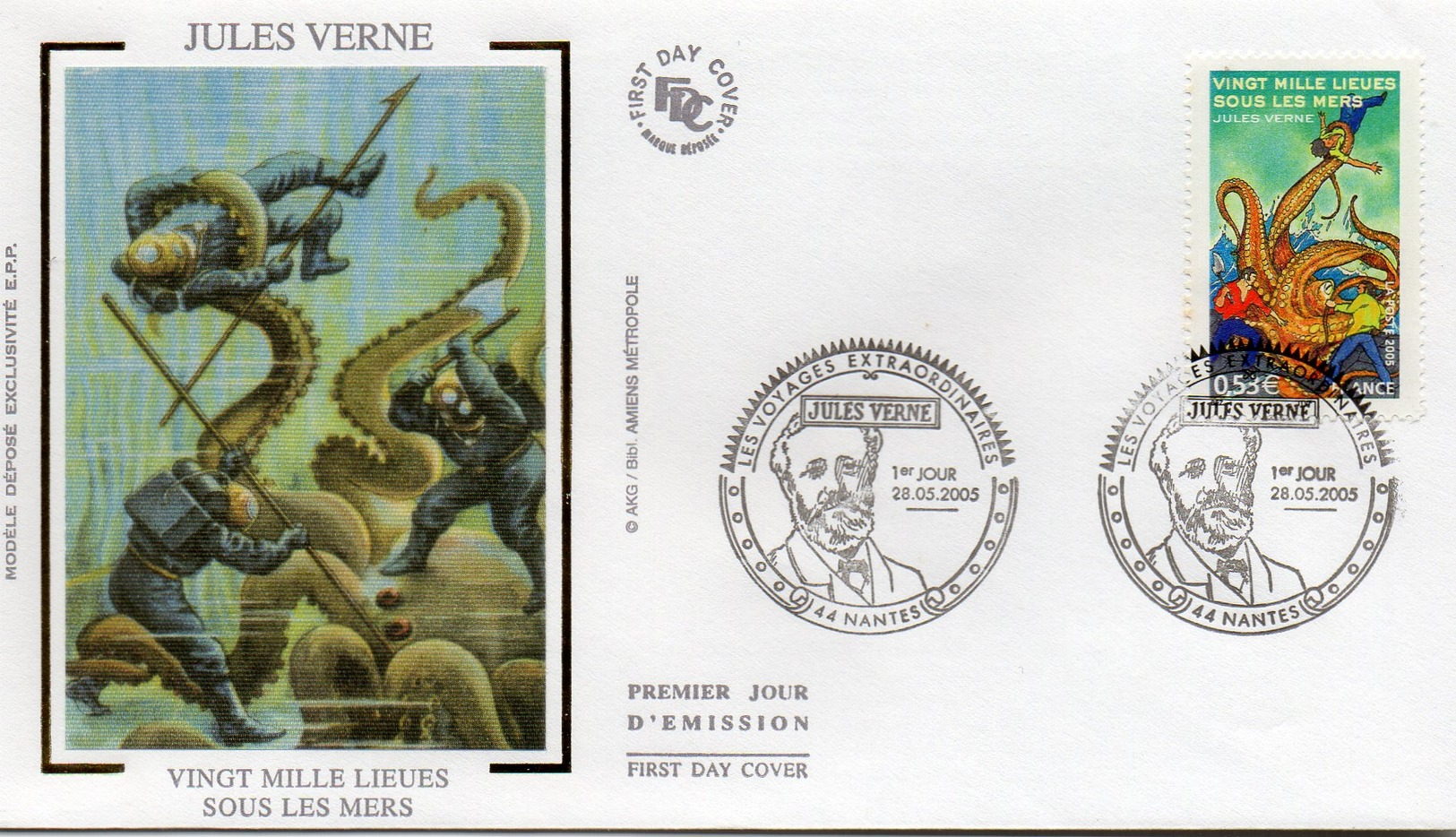 Lot De  5 Enveloppes 1ER JOUR Theme  ECRIVAIN  JULES VERNE   TAMPON ANNEE 2005 NANTES - Ecrivains