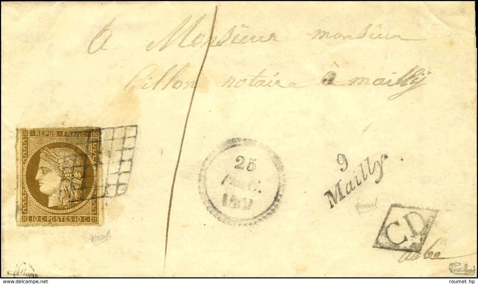 Grille / N° 1 (filet à Peine Effleuré) Cursive 9 / Mailly + CD Sur Lettre Locale Avec Texte Daté De Semoine, Dateur B. 1 - 1849-1850 Ceres