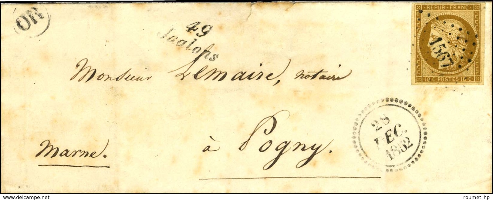 PC 1567 / N° 1 Bistre Brun Cursive 49 / Jallons Sur Lettre Locale Pour Pogny Dateur B 1852. - TB. - R. - 1849-1850 Ceres