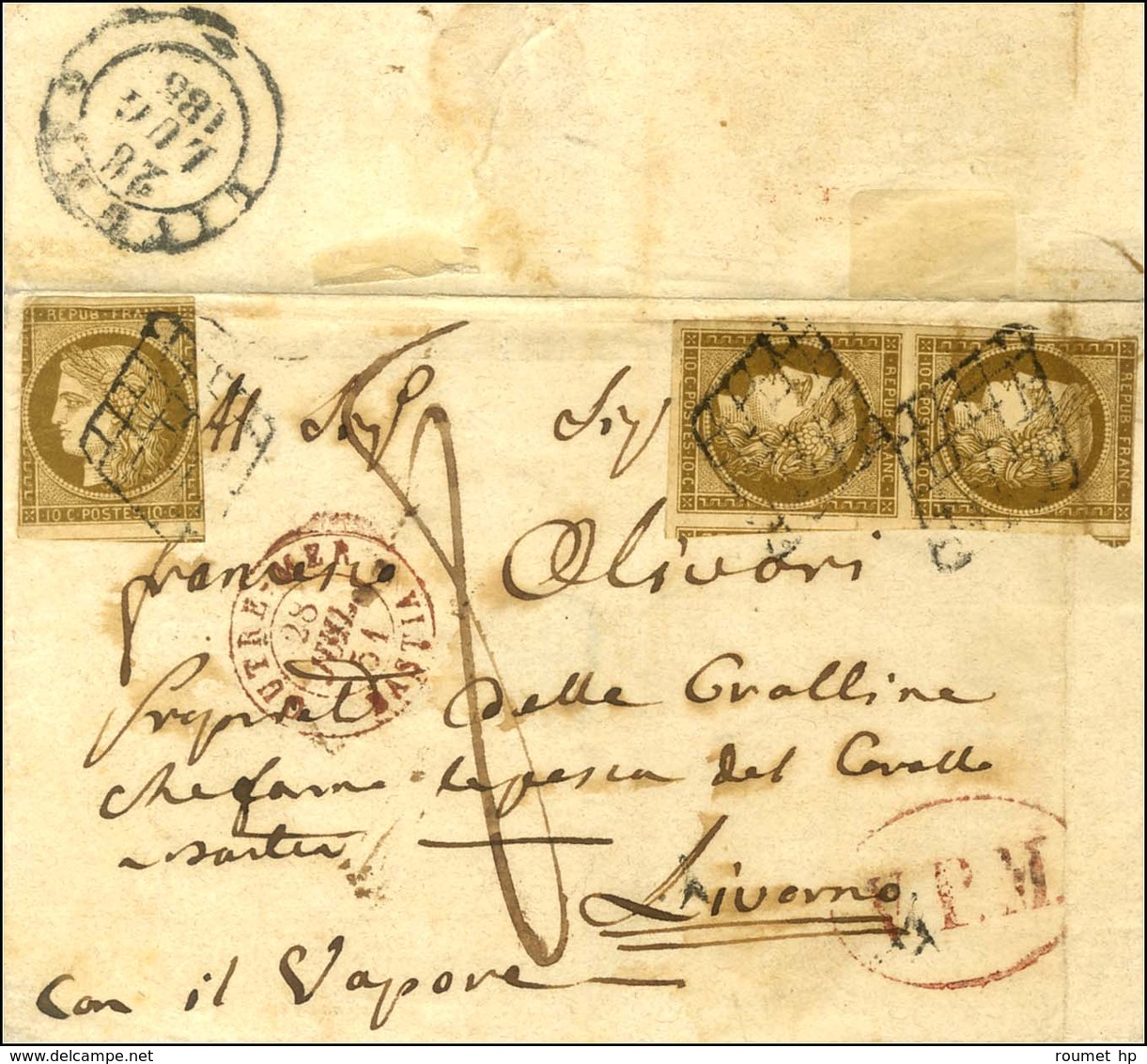 Grille / N° 1 Paire (1 Ex Def) + 1 Ex (def) Càd Rouge OUTREMER / BASTIA 28 JUIL. 51 Sur Lettre Adressée Par La Voie Des  - 1849-1850 Ceres