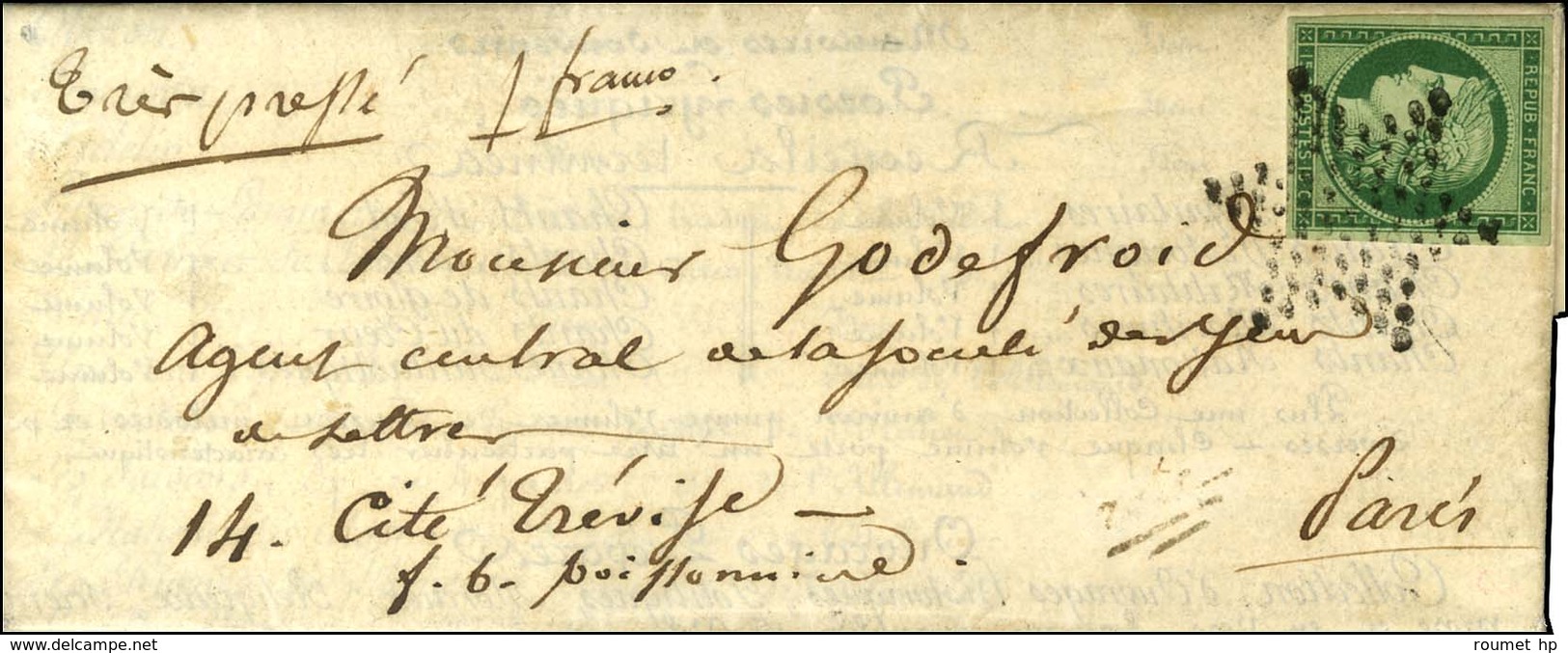 Etoile / N° 2 Vert Foncé Sur Lettre Avec Texte Daté De Paris Le 10 Juillet 1852 Adressée Localement. - TB / SUP. - R. - 1849-1850 Cérès