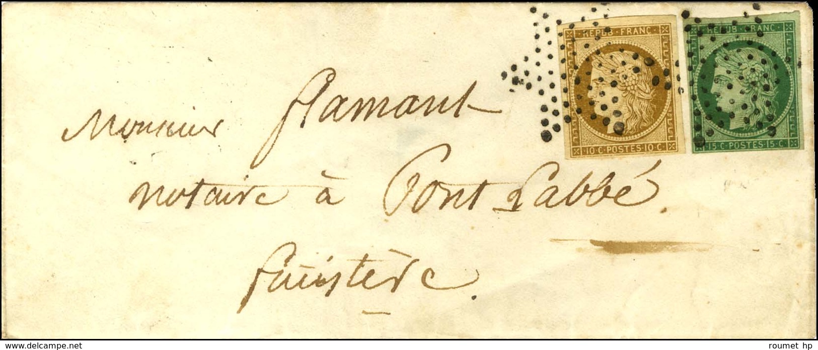 Etoile / N° 1 + 2 Vert Foncé (les 2 Ex Belles Marges) Sur Lettre Territoriale Pour Pont L'Abbé. Au Verso, Càd De Départ  - 1849-1850 Ceres