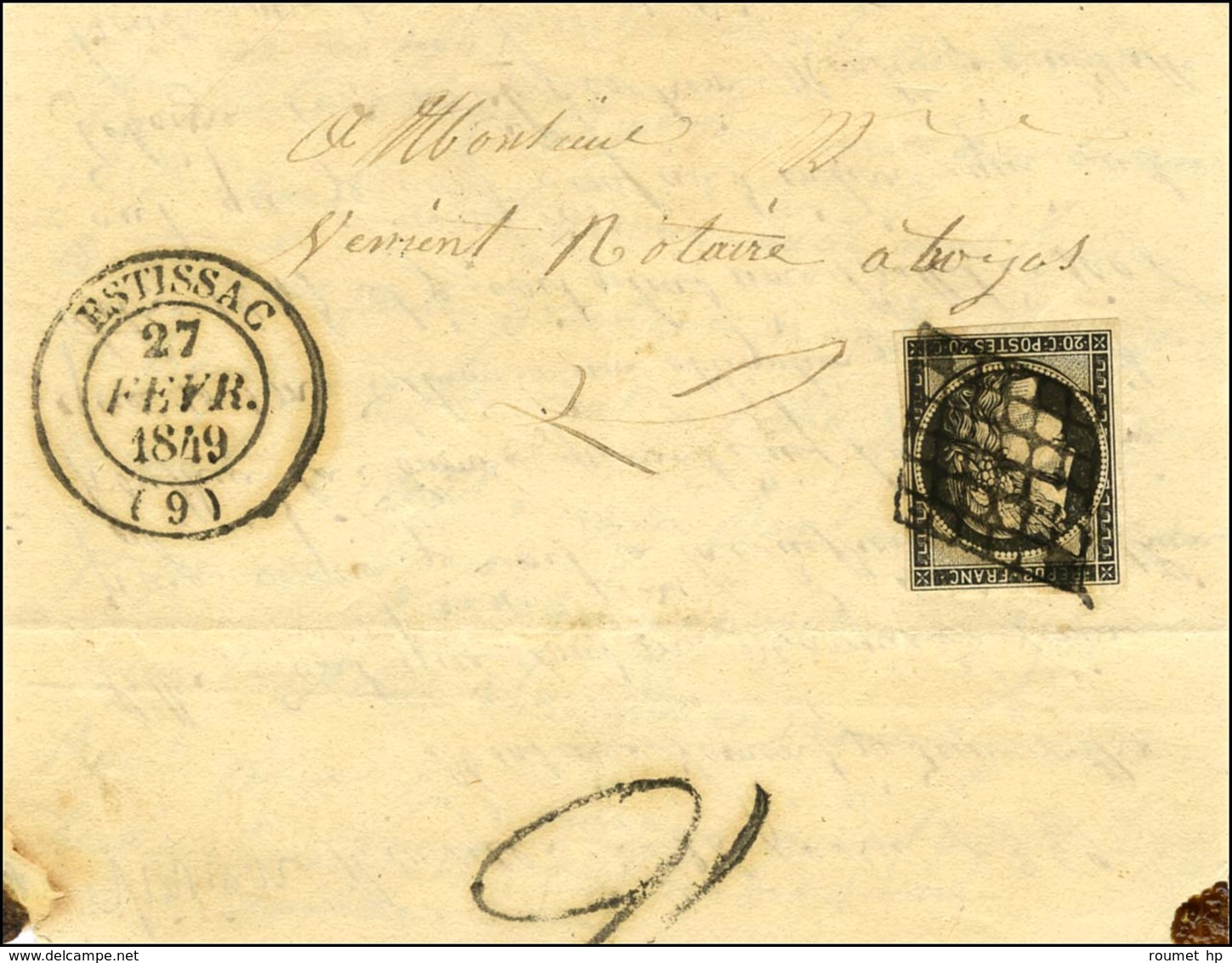 Grille / N° 3 Noir Sur Blanc Càd T 14 ESTISSAC (9) Sur Lettre Adressée à Troyes. Au Verso, Taxe Tampon 2 De Confirmation - 1849-1850 Ceres