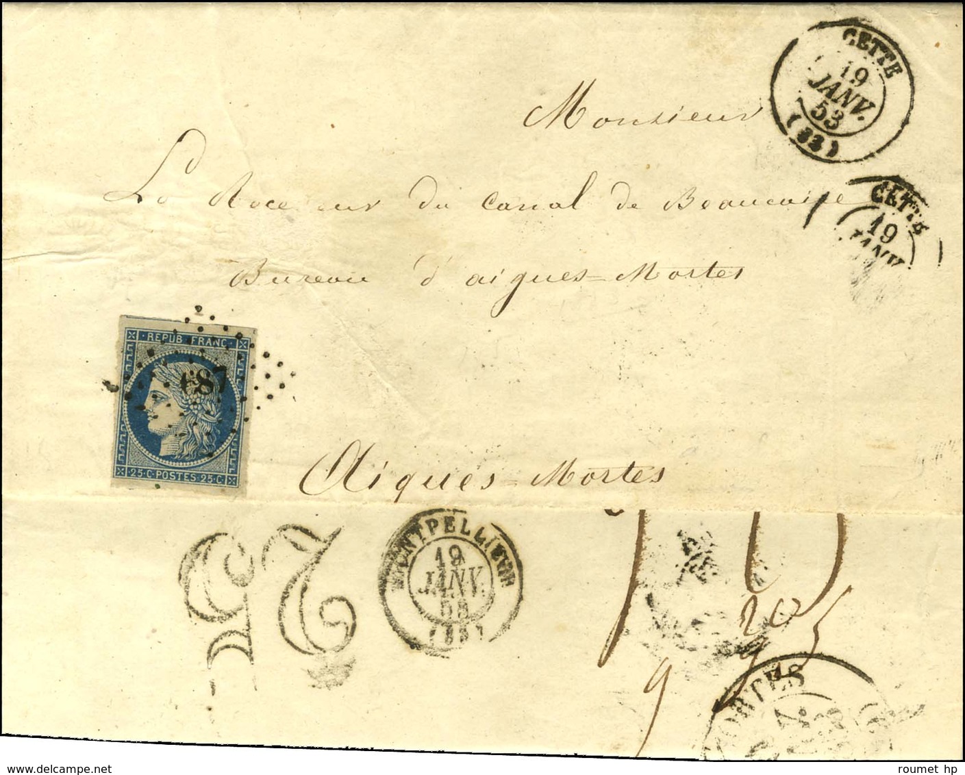 PC 687 / N° 4 Belles Marges Càd T 15 CETTE (33) Sur Lettre 2 Ports Pour Aigues Mortes, Au Verso Taxe 25 DT. 1853. - TB / - 1849-1850 Cérès