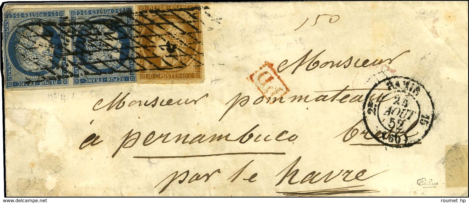 Grille Sans Fin / N° 1 (def) + 4 Paire (1 Ex Def) Càd PARIS (60) Sur Lettre Au Tarif Des Bâtiments De Commerce Pour Pern - 1849-1850 Cérès
