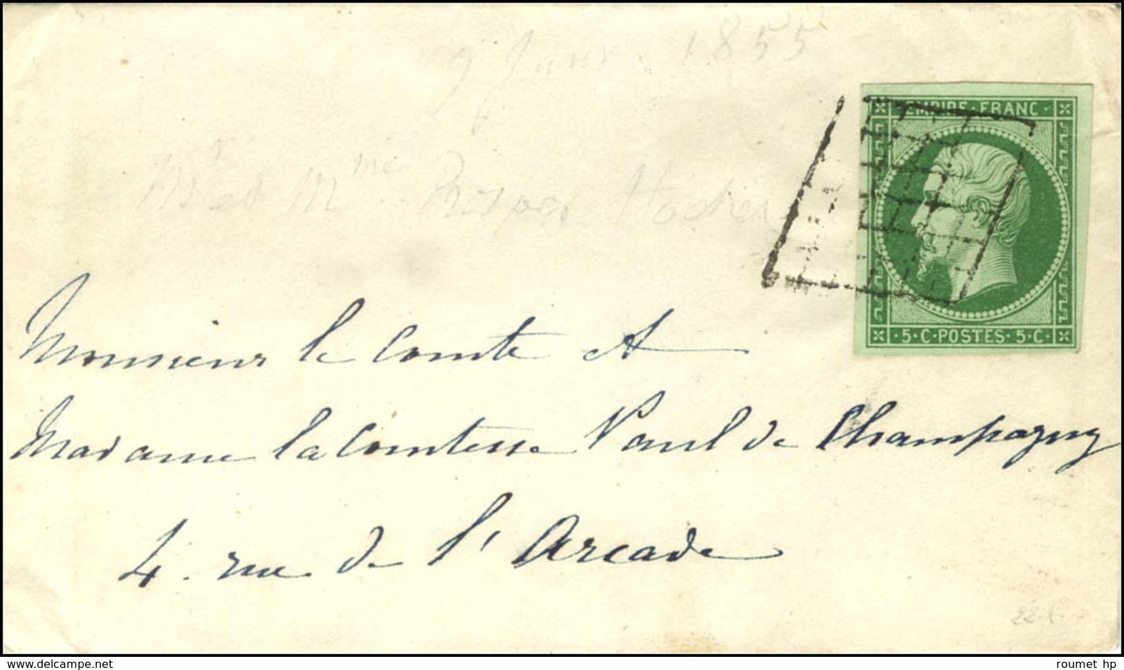 Grille / N° 12 Belles Marges Sur Enveloppe Carte De Visite Adressée à Paris. - SUP. - R. - 1853-1860 Napoleon III