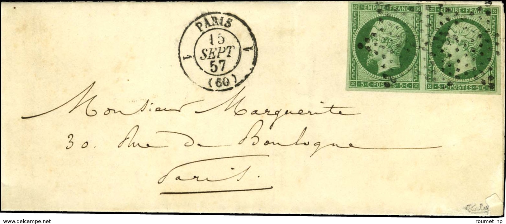 Etoile / N° 12 Paire Vert Foncé Càd 1 PARIS 1 (60) Sur Lettre Locale. 1857. - SUP. - 1853-1860 Napoleon III