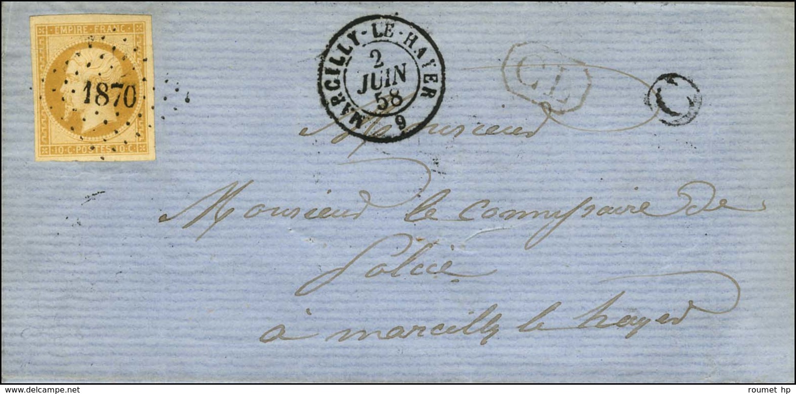 PC 1870 / N° 13 Càd T 15 MARCILLY-LE-HAYER 9 Sur Lettre Locale. Au Recto, CL Rouge. 1858.- SUP. - 1853-1860 Napoléon III.