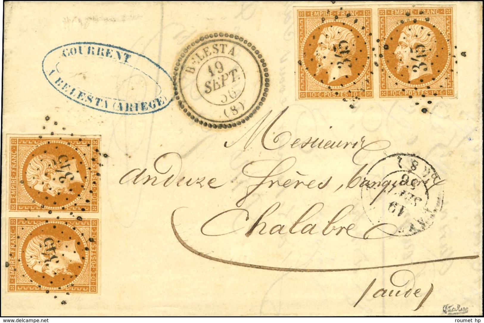 PC 345 / N° 13 (2 Paires) Nuance Bistre Orange Càd T 22 BELESTA (8) Sur Lettre 2 Ports Pour Chalabre. 1856. - SUP. - 1853-1860 Napoleon III