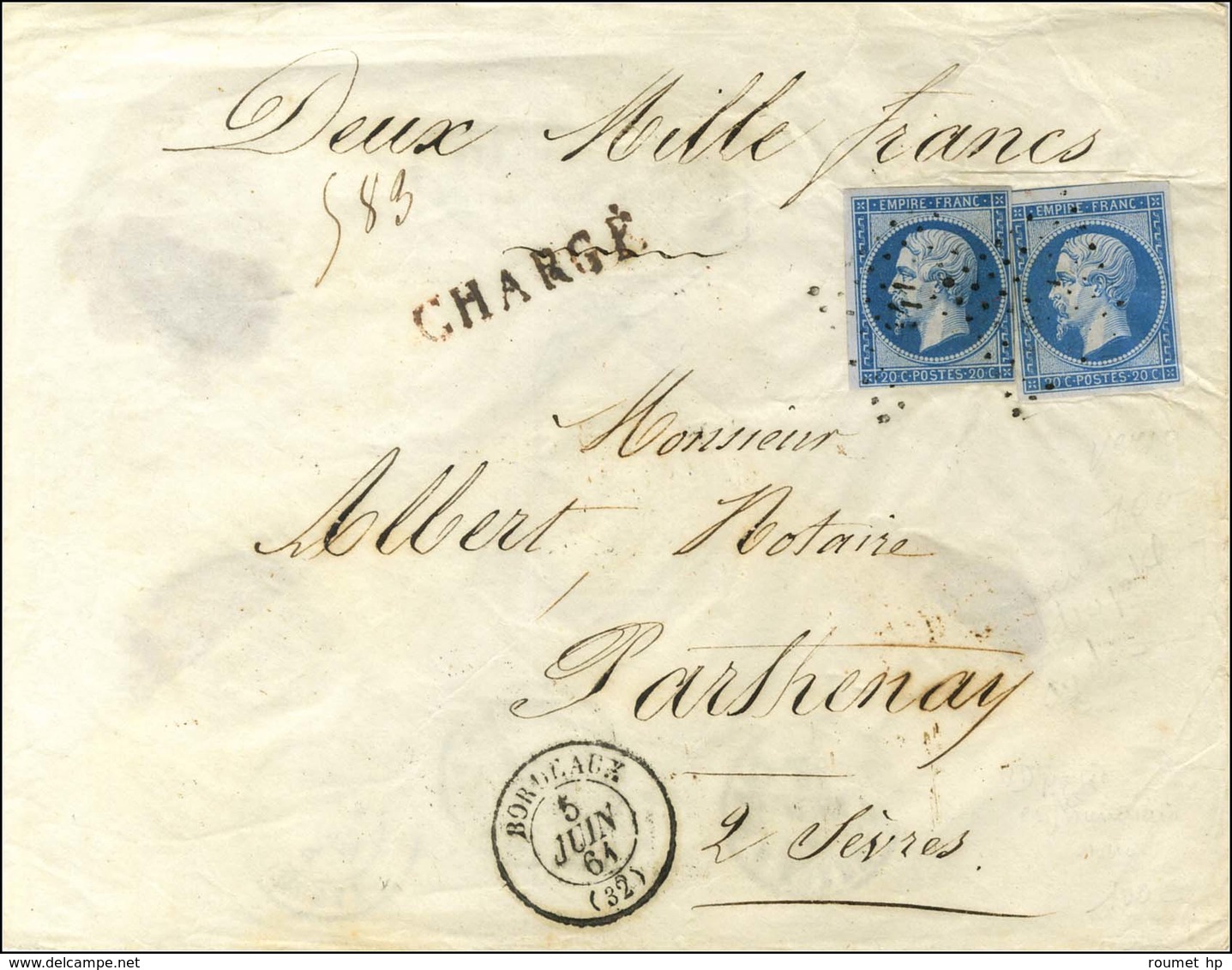 PC 441 / N° 14 Type II (2, 1 Ex. Filet Effleuré) Càd T 15 BORDEAUX (32) Sur Lettre Chargée. 1861. - TB. - 1853-1860 Napoleon III