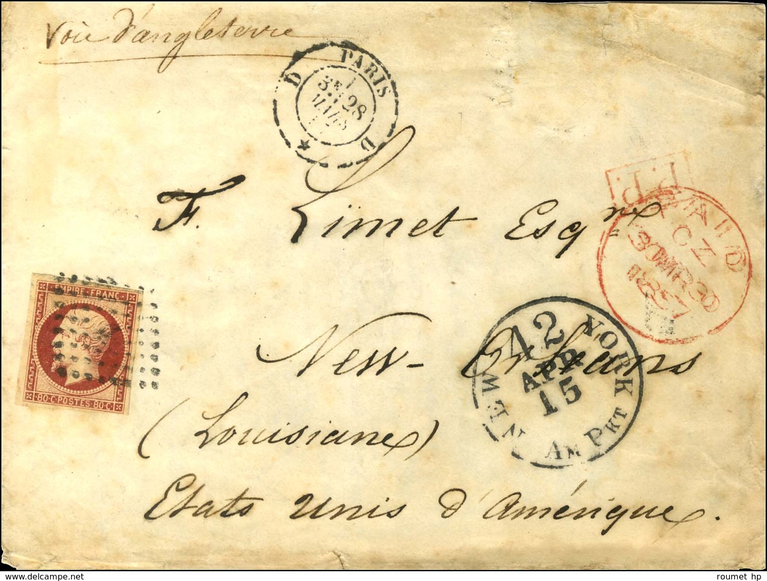 Losange D / N° 17 Càd D PARIS D / * Sur Lettre Pour La Nouvelle Orléans. 1857. - TB. - 1853-1860 Napoleon III