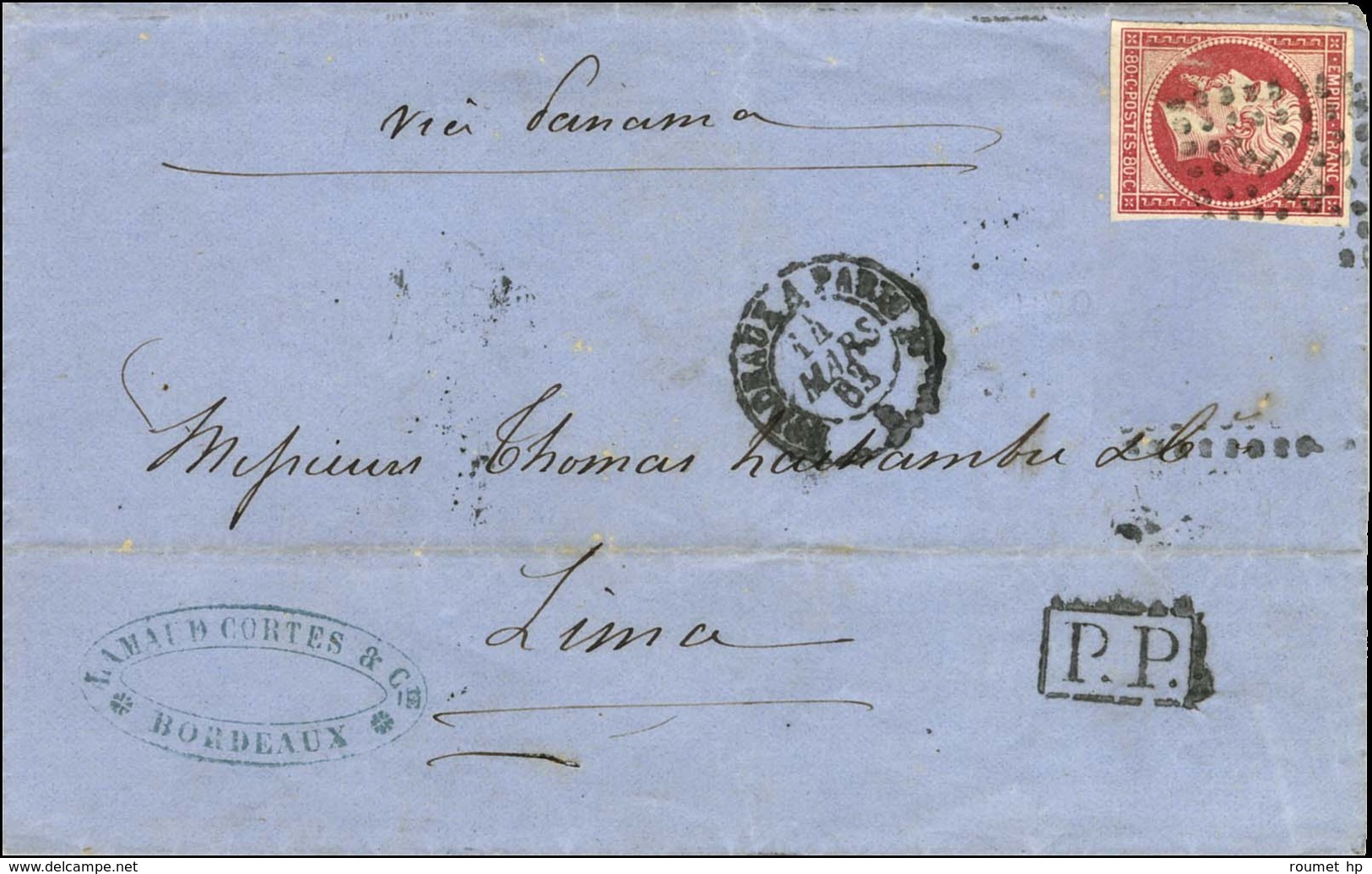 Losange BP 1 / N° 17 A Rose Vif Càd BORDEAUX A PARIS Sur Lettre Pour Lima. 1863. - TB. - R. - 1853-1860 Napoleon III