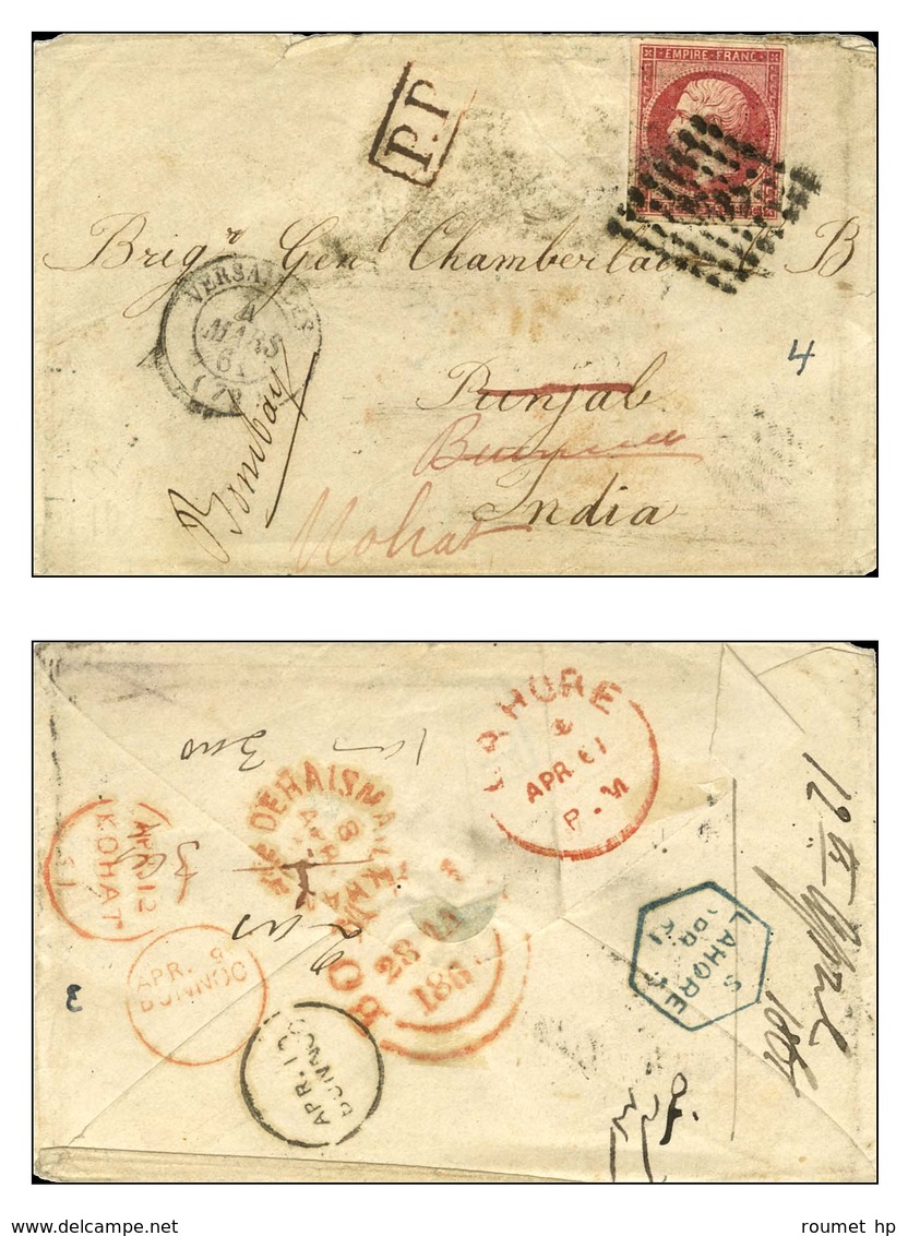 PC 3537 / N° 17 Càd T 15 VERSAILLES (72) Sur Lettre Pour L'Inde, Au Verso Nombreuses Réexpéditions. 1861. - TB. - R. - 1853-1860 Napoleon III