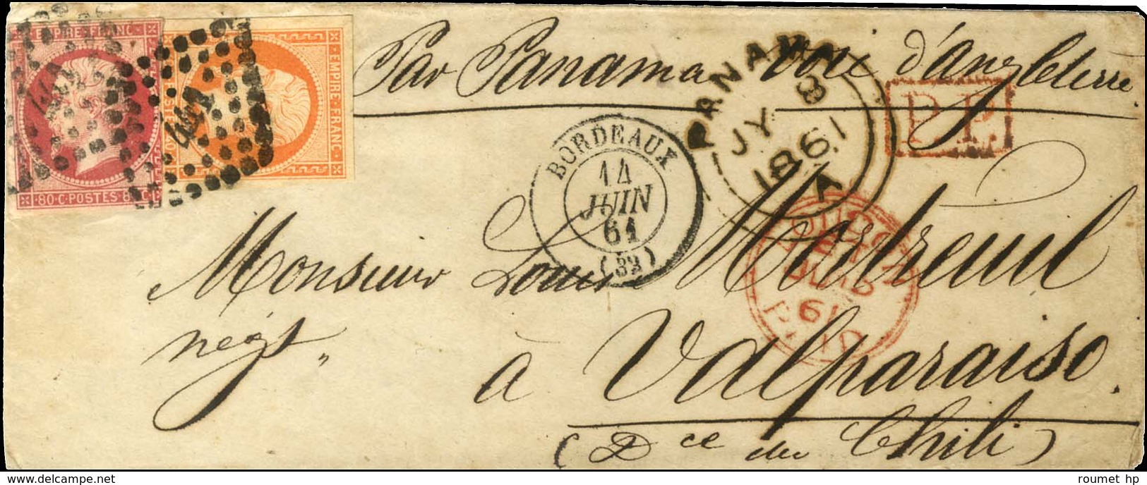 PC 441 / N° 16 + 17 (pd) Càd T 15 BORDEAUX (32) Sur Lettre Pour Valparaiso, Au Recto Càd De Transit PANAMA. 1861. - TB.  - 1853-1860 Napoleon III