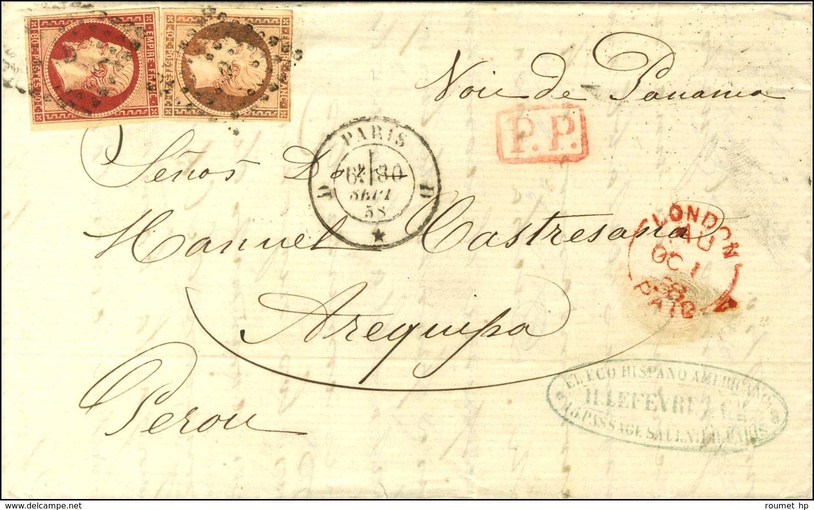 Losange D / N° 16 (leg Def) + 17 Càd D PARIS D / * Sur Lettre Pour Arequipa. 1858. - TB. - R. - 1853-1860 Napoleon III