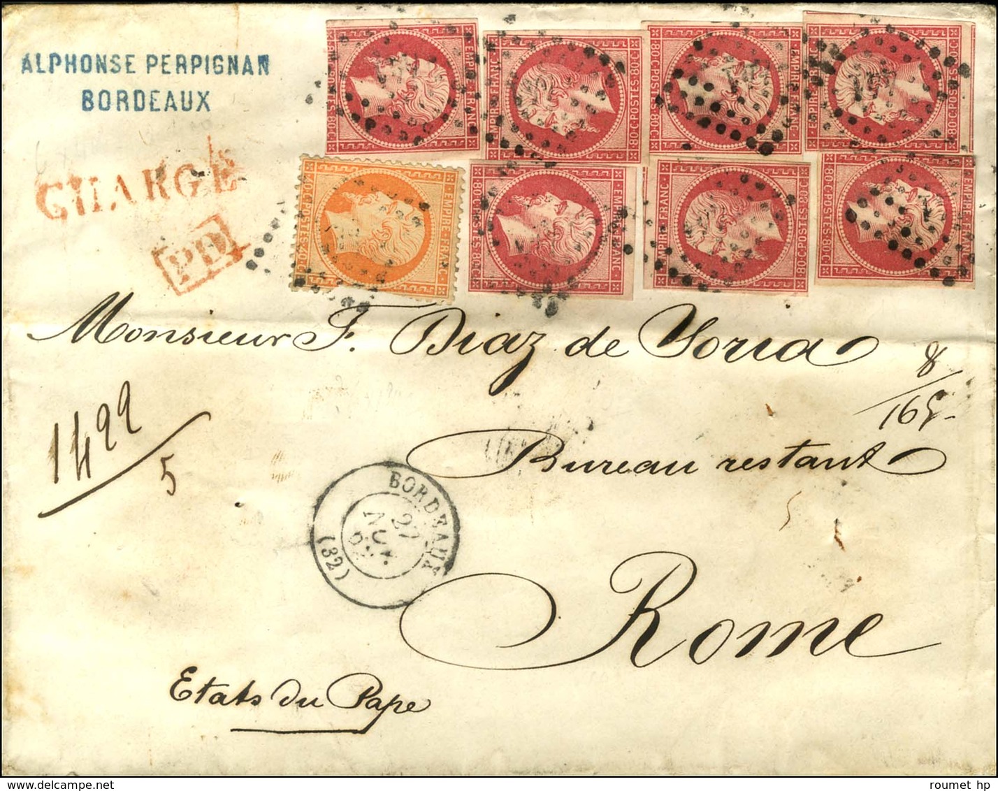 PC 441 / N° 17 A (7) + N° 23 (quelques Petits Defs) Càd T 15 BORDEAUX (32) Sur Lettre Chargée Pour Rome. 1862. - TB. - R - 1853-1860 Napoleon III