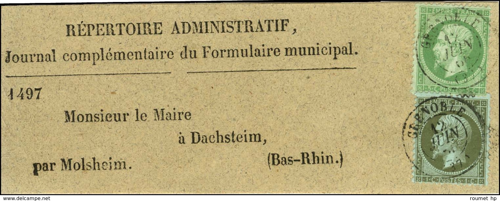 Càd T 15 GRENOBLE (37) / N° 19 + 20 Sur Bande D'imprimé Pour Molsheim, Au Verso Càd D'arrivée. 1866. - SUP. - R. - 1862 Napoleon III