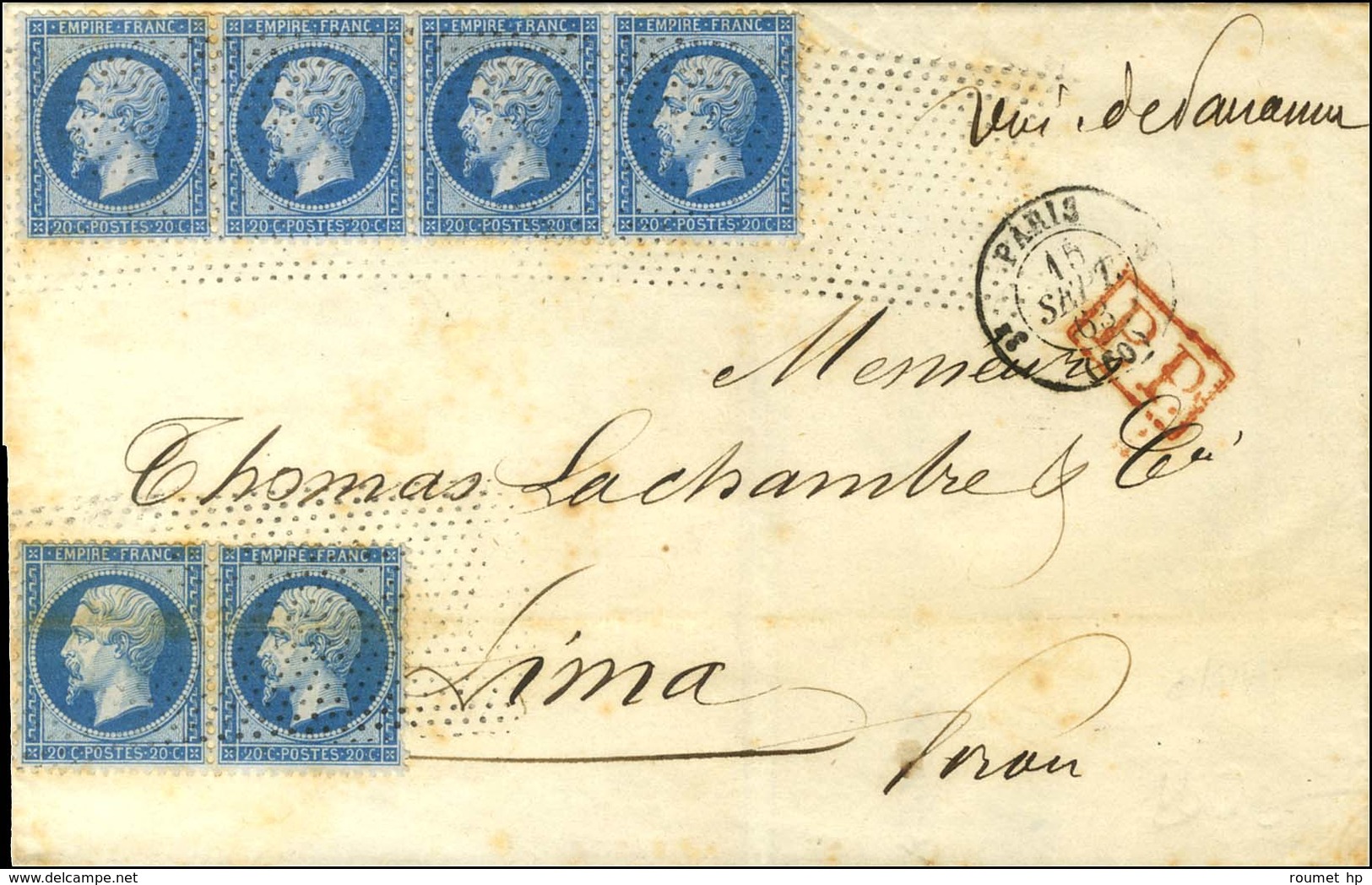 Roulette De Pointillés / N° 22 Paire (pli) + Bande De 4 Càd PARIS (60) Sur Lettre Pour Lima. 1863. - TB. - R. - 1862 Napoleon III