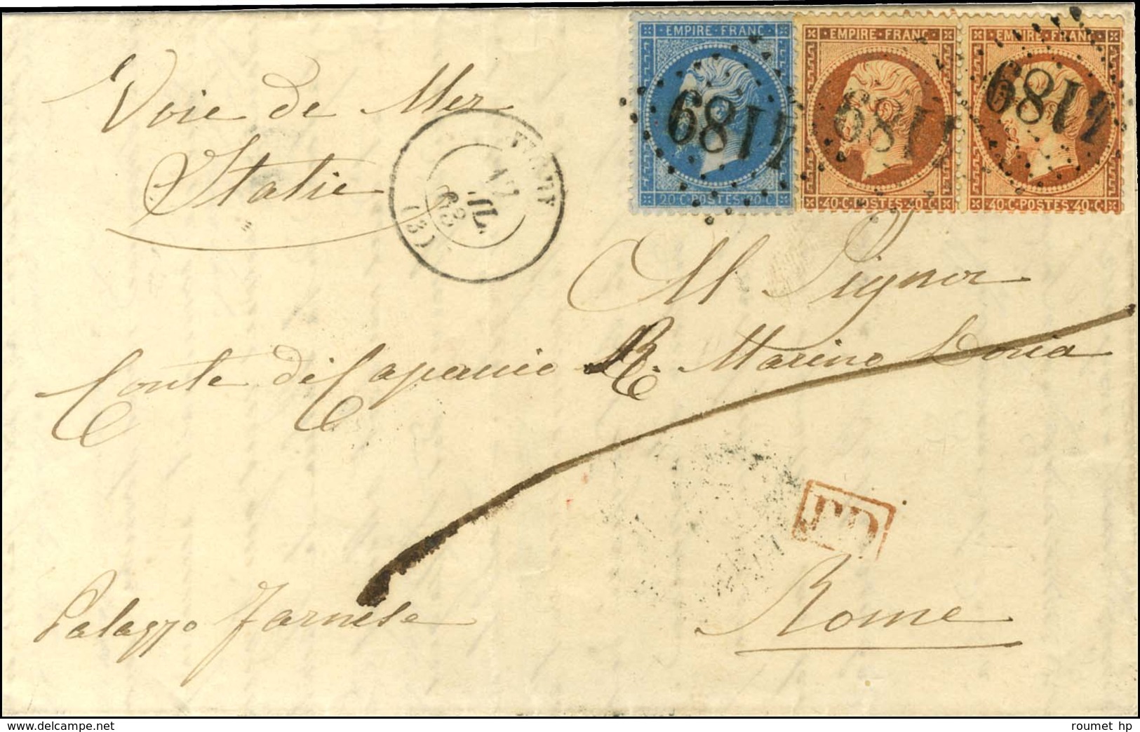 GC 4189 / N° 22 + 23 Paire Càd T 15 VICHY (3) Sur Lettre Pour Rome. 1863. - TB / SUP. - 1862 Napoleon III