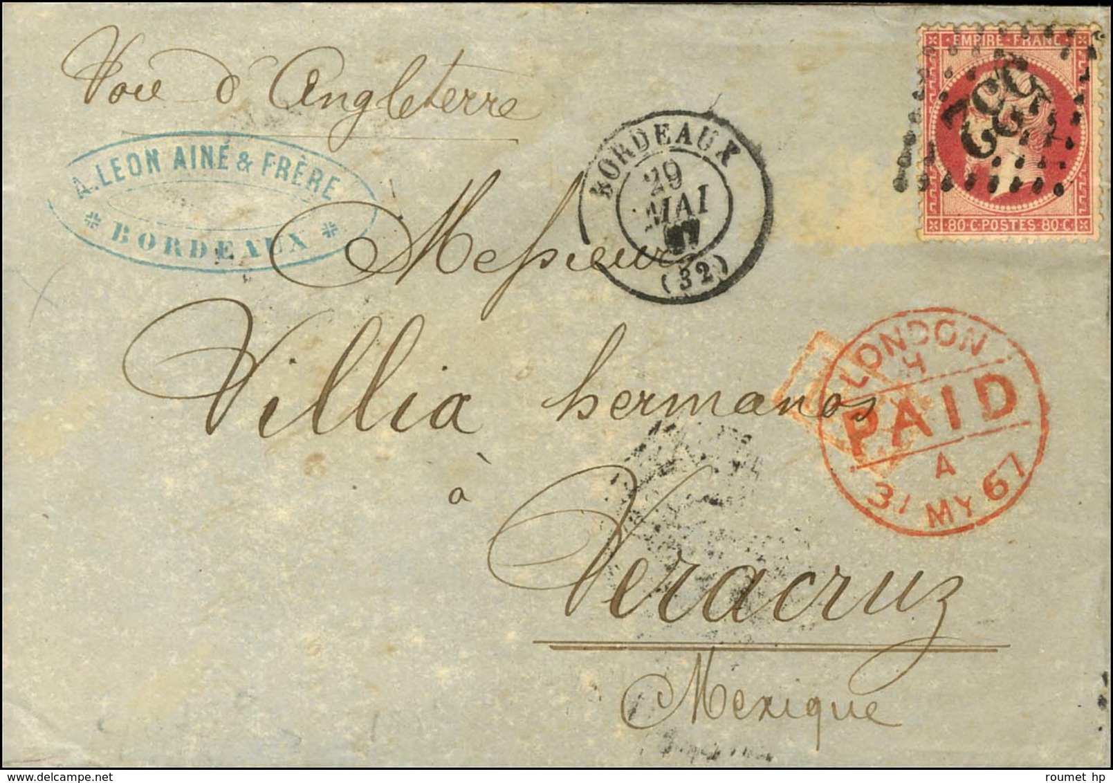 GC 532 / N° 24 Càd T 15 BORDEAUX (32) Sur Lettre Pour Vera Cruz. 1867. - TB. - 1862 Napoleon III
