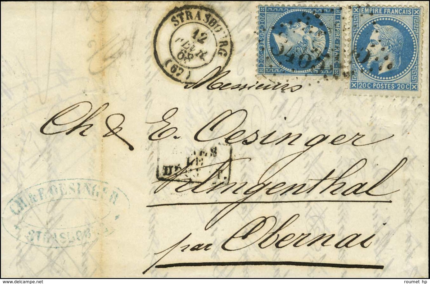 GC 3465 / N° 22 + 29 Càd T 15 STRASBOURG (67) Sur Lettre 2 Ports Pour Obernai. 1868. - TB. - 1863-1870 Napoleon III With Laurels
