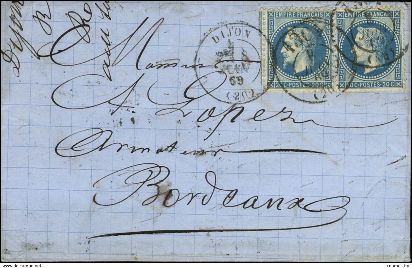 Bureau De Passe 1307 / N° 29 Paire Càd DIJON (20) Sur Lettre Pour Bordeaux. 1869. - TB. - 1863-1870 Napoleon III With Laurels