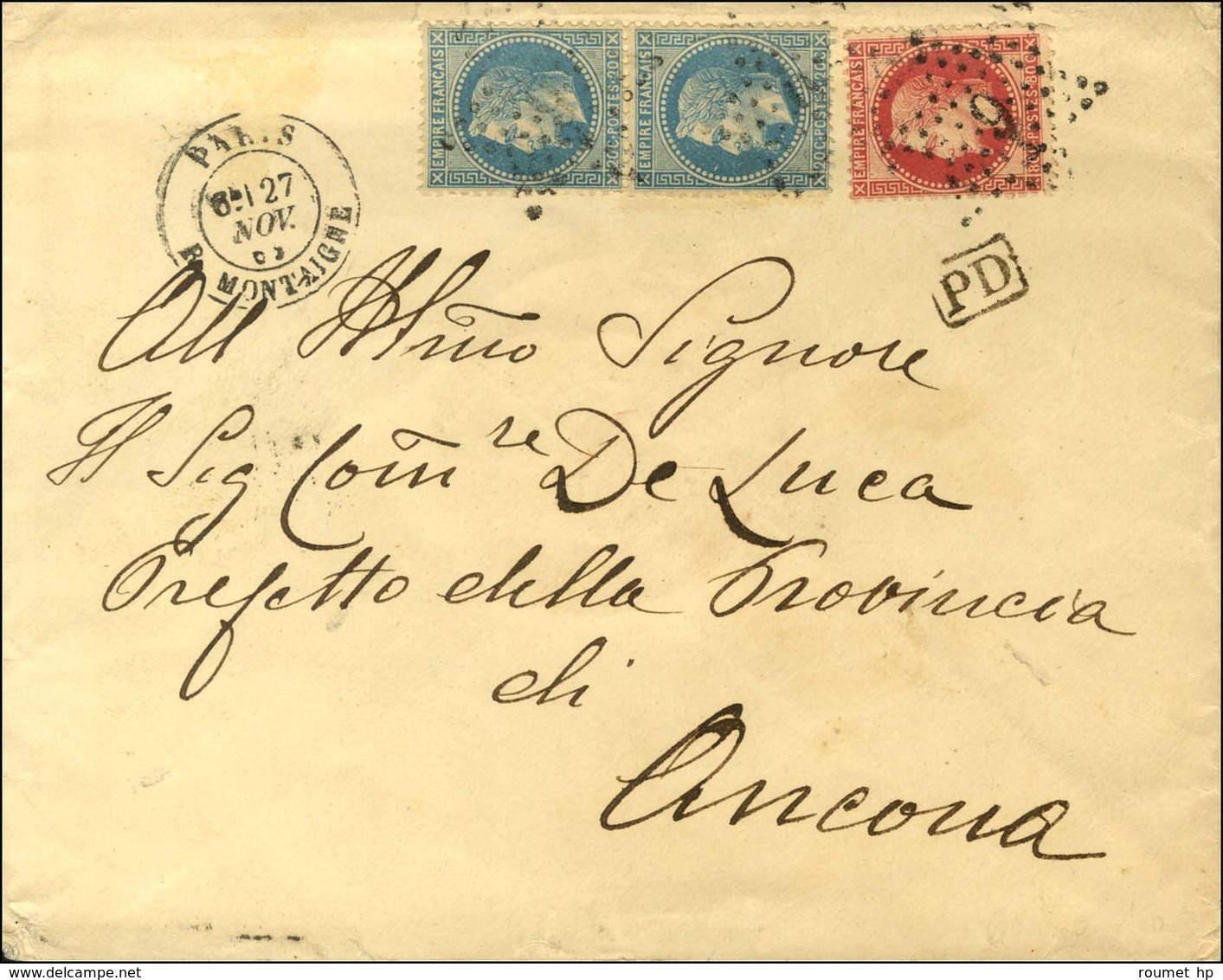 Etoile 9 / N° 29 Paire + 32 Càd PARIS / R. MONTAIGNE Sur Lettre Pour Ancona (Italie). 1869. - SUP. - 1863-1870 Napoleon III Gelauwerd