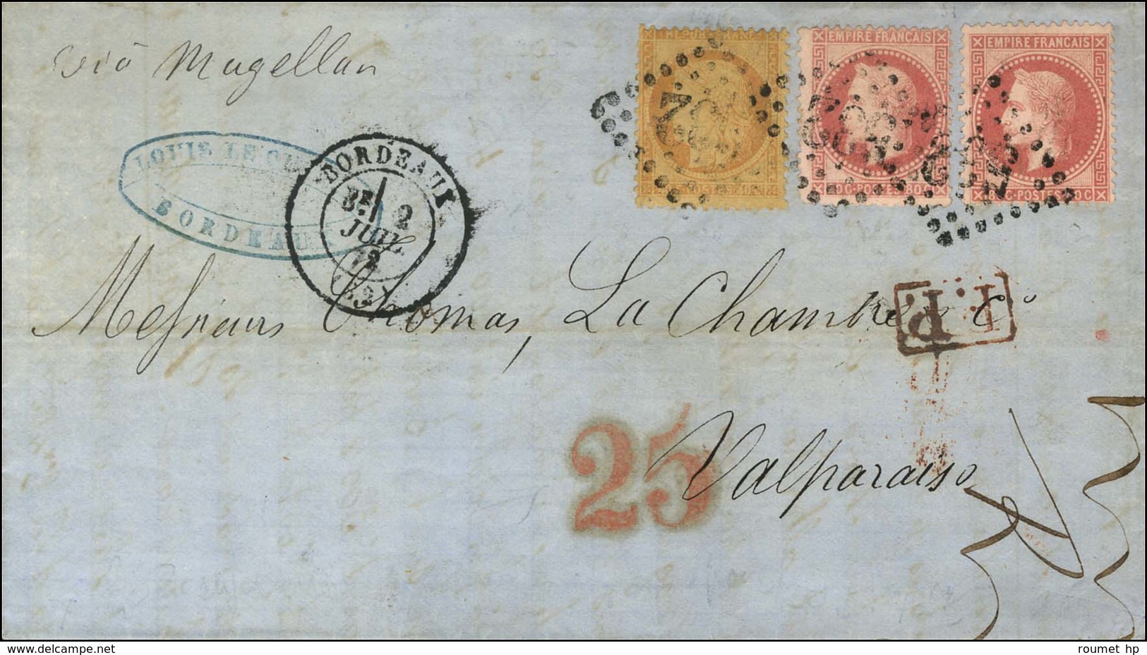 GC 532 / N° 32 (2) + 38 Càd BORDEAUX (32) Sur Lettre 2 Ports Pour Valparaiso Via Magellan, Au Recto Taxe 25 Rouge Pour L - 1863-1870 Napoleon III Gelauwerd