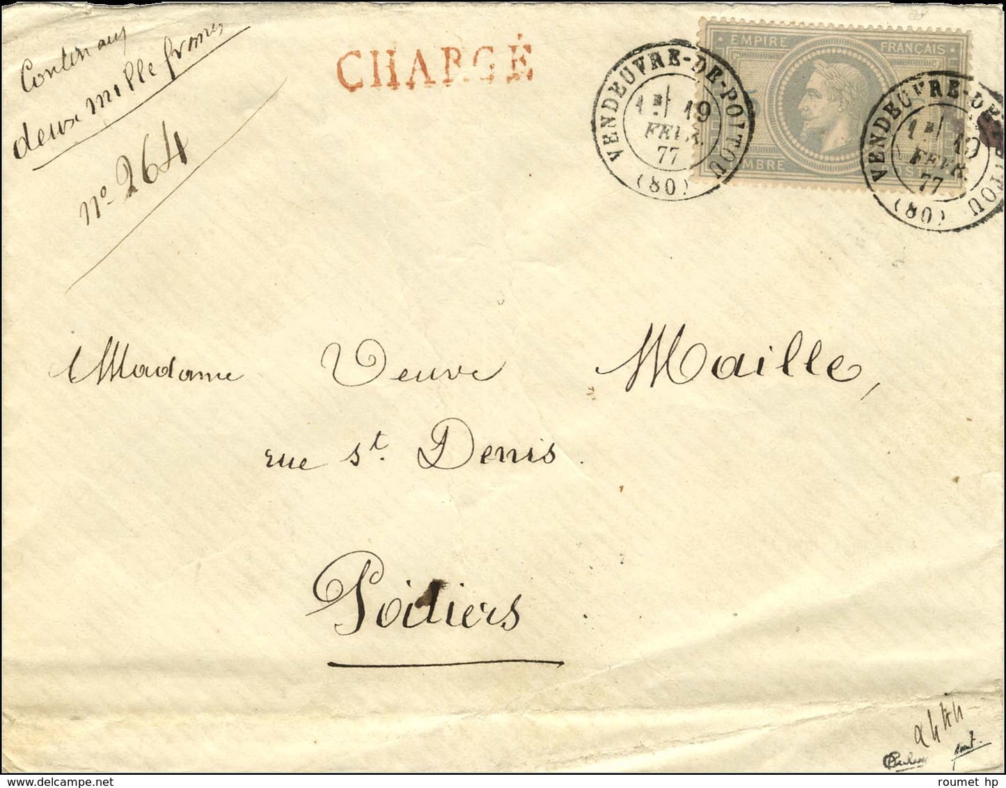 Càd T 17 VANDOEUVRE DE POITOU (80) 19 FEVR. 77 / N° 33 Seul Sur Lettre Chargée Avec VD De 2000 Frs. Au Verso, Descriptif - 1863-1870 Napoleon III With Laurels