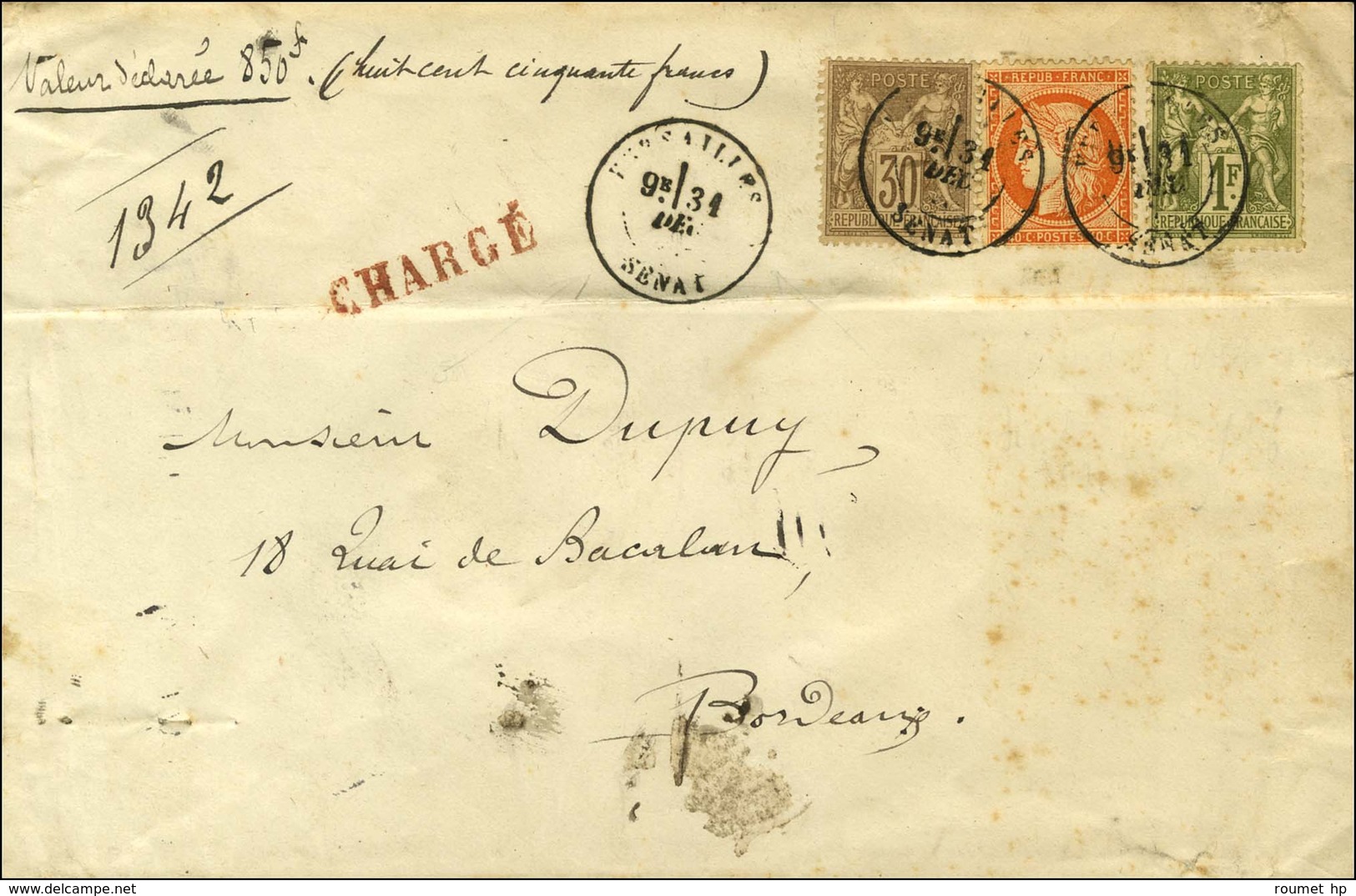 Càd VERSAILLES / SENAT / N° 38 + 69 + 72 Sur Lettre Chargée, Au Verso Descriptif Rouge. 1878. - TB / SUP. - RR. - 1870 Siege Of Paris