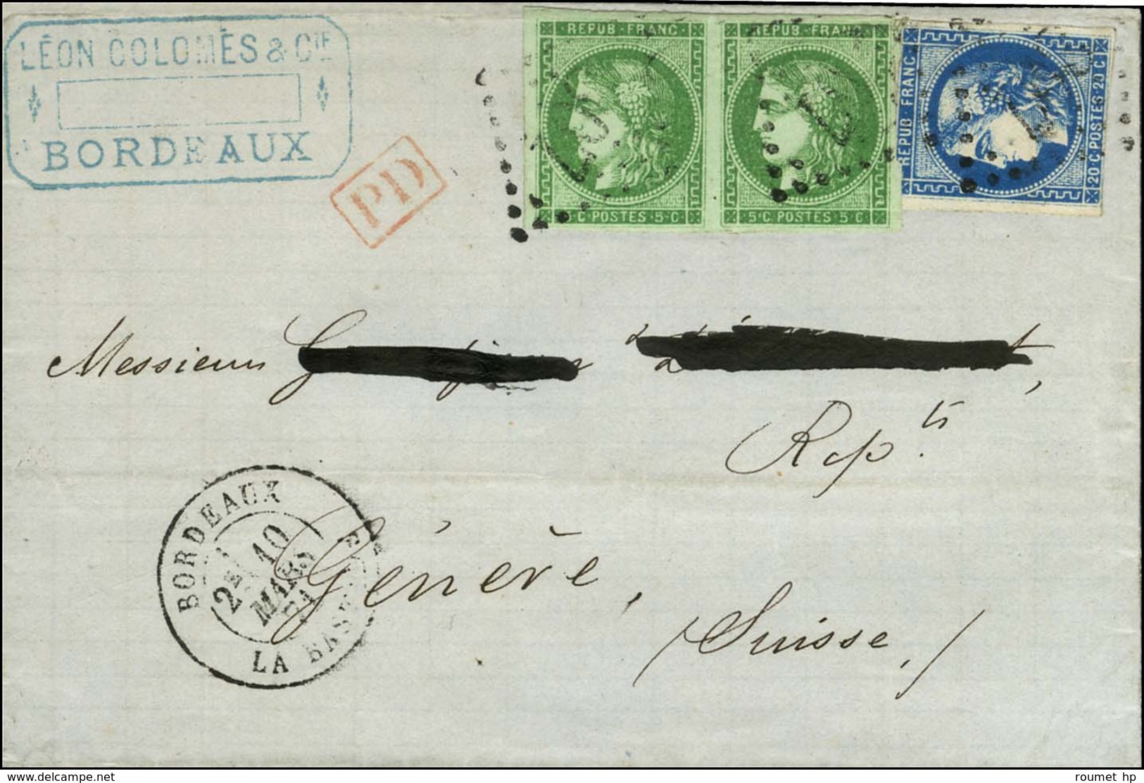 GC 6307 / N° 42 Vert Foncé Paire + 46 (marge Inférieure Courte Mais Filet Non Touché) Bleu Foncé Càd BORDEAUX / LA BASTI - 1870 Uitgave Van Bordeaux