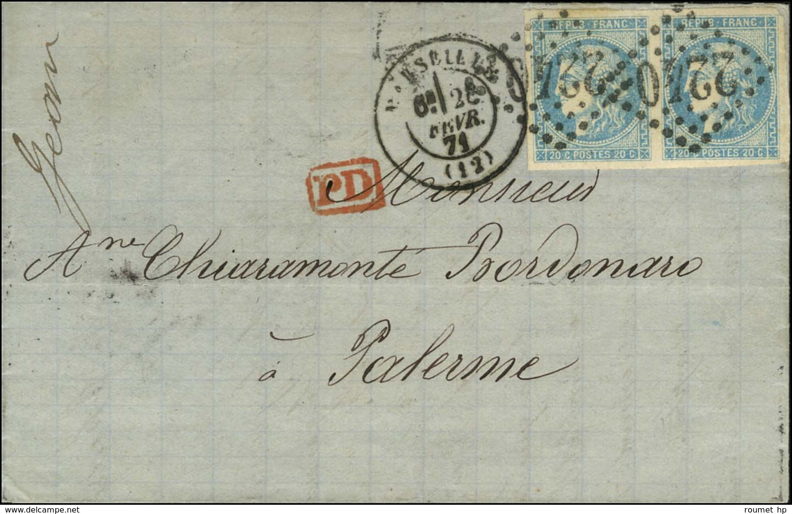 GC 2240 / N° 46 Bleu Clair Paire Càd T 17 MARSEILLE (12) Sur Lettre Pour Palerme. 1871. - TB / SUP. - 1870 Bordeaux Printing