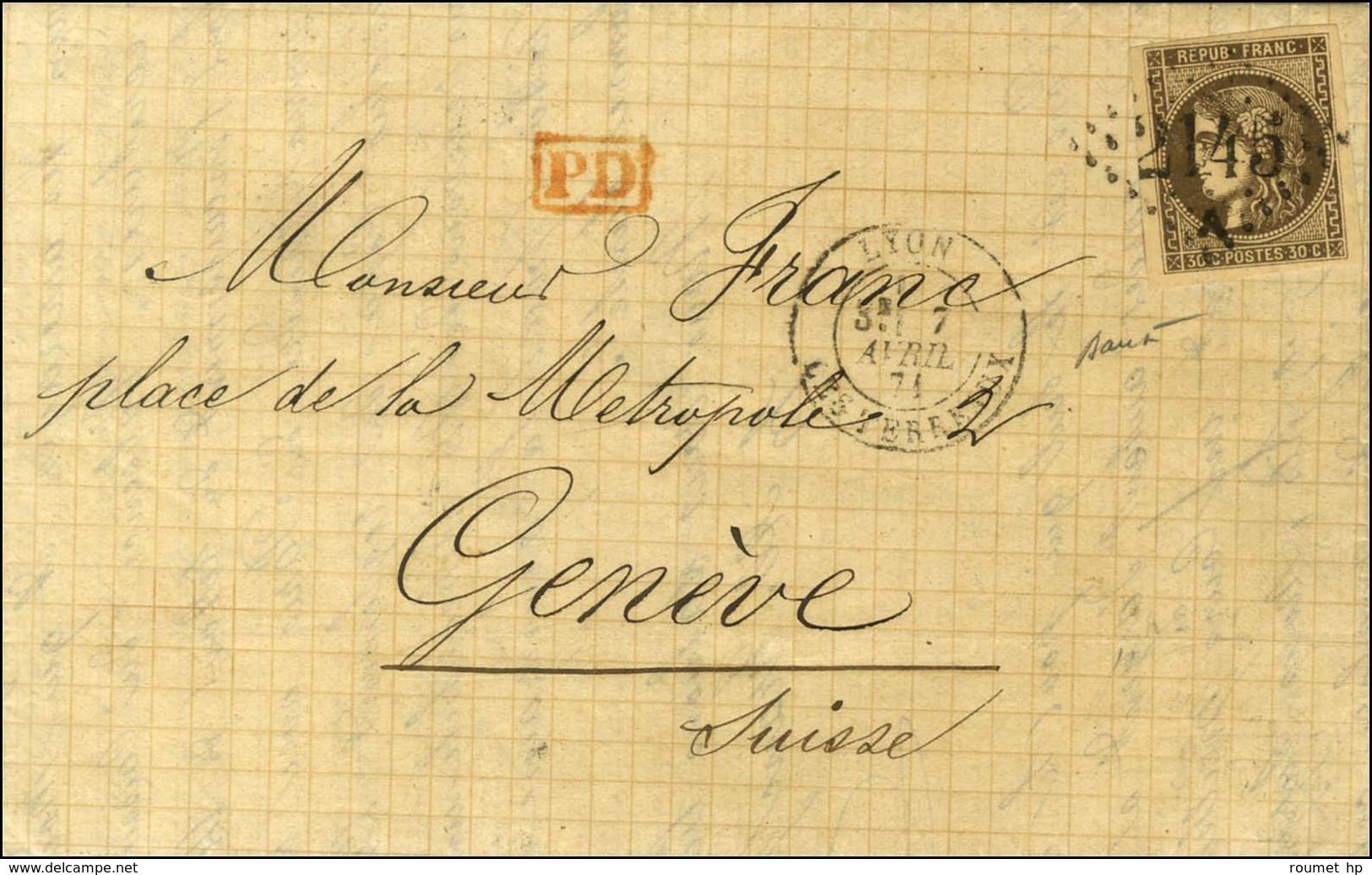 GC 2145 A / N° 47 Càd LYON / LES TERREAUX Sur Lettre Pour Genève. 1871. - TB / SUP. - 1870 Bordeaux Printing