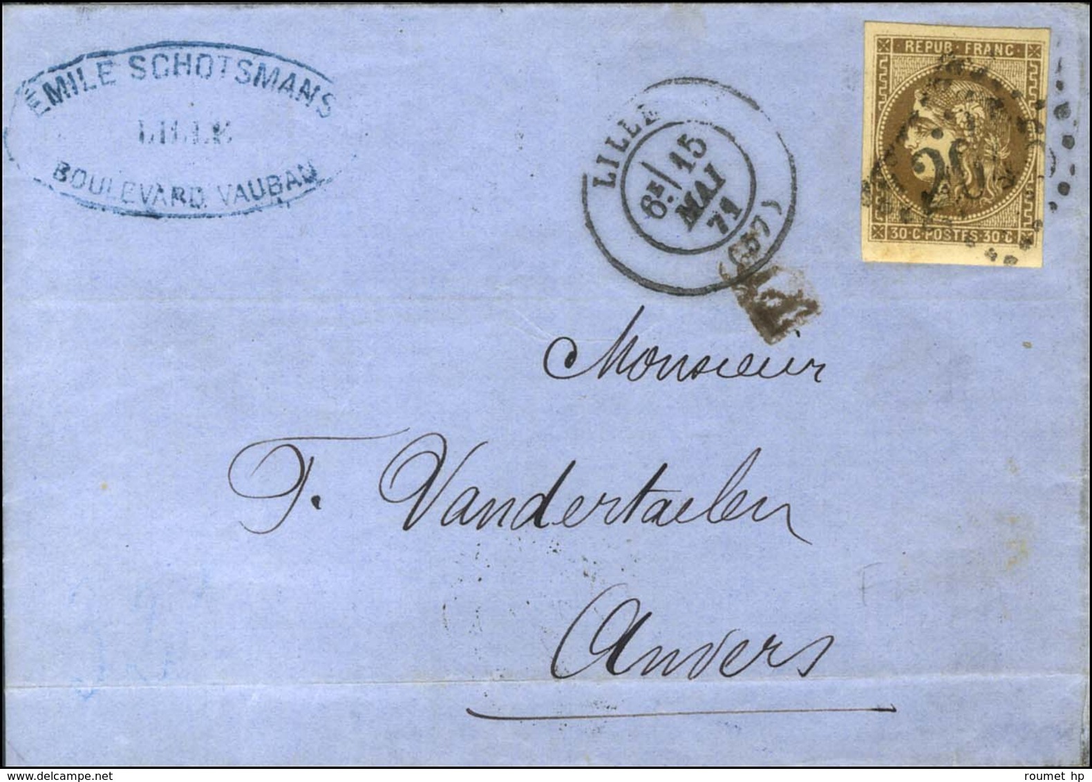 GC 2046 / N° 47 Petit Bdf Càd LILLE (57) Sur Lettre Pour Anvers. 1871. - TB. - 1870 Bordeaux Printing
