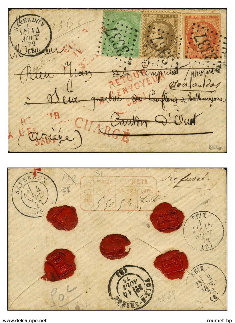 GC 3337 / N° 30 + 35 + 48 Rouge Sang Càd T 16 SAVERDUN (8) 14 AOUT 72 Sur Lettre Chargée. - SUP. - R. - 1870 Bordeaux Printing