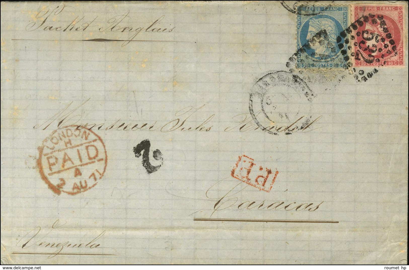 GC 532 / N° 37 + 49 Càd BORDEAUX (32) Sur Lettre Pour Caracas, Au Recto Taxe 2 Pour L'acheminement Intérieur. 1871. - TB - 1870 Bordeaux Printing