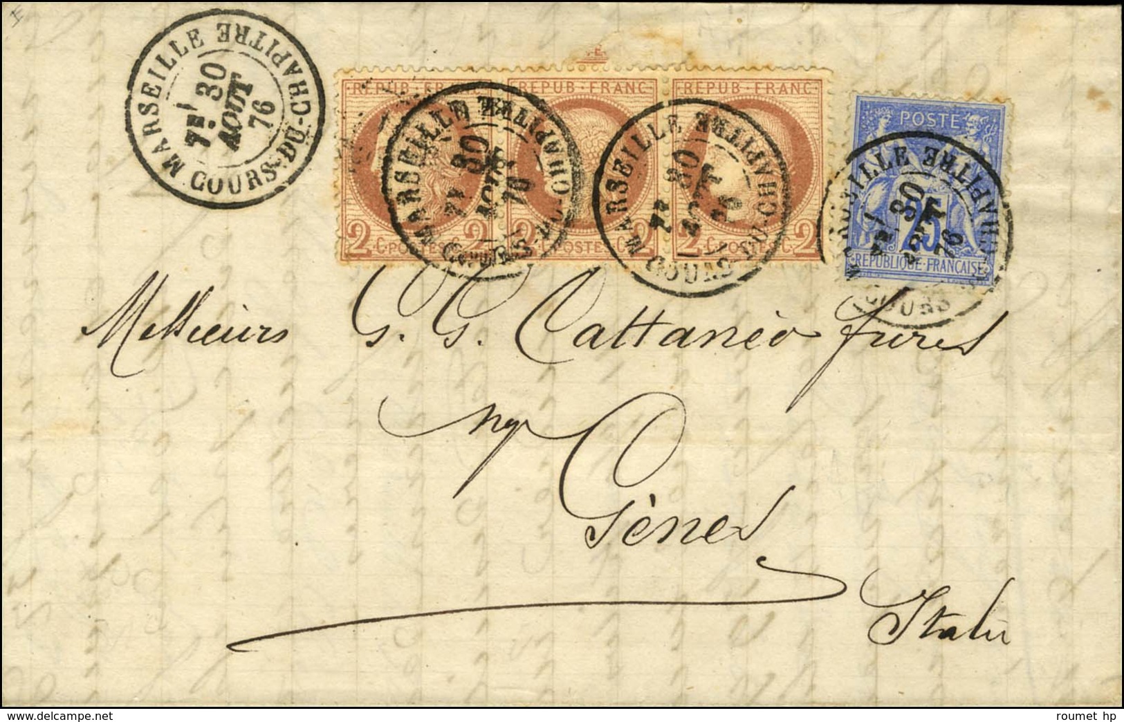 Càd MARSEILLE / COURS DU CHAPITRE / N° 51 Bande De 3 (1 Ex Pd) + 78 Sur Lettre Pour Gènes. 1876. - TB. - 1871-1875 Cérès