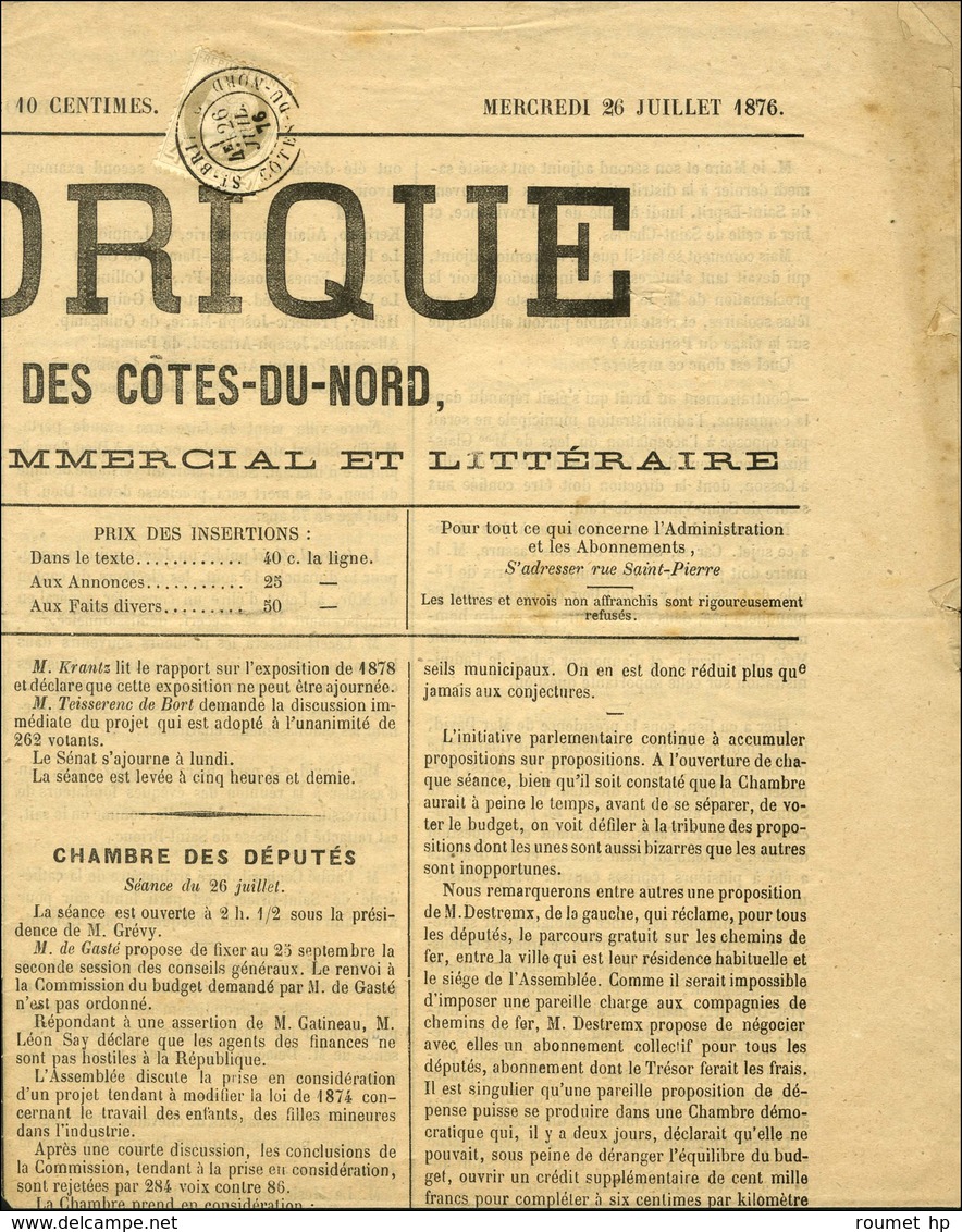 Càd T 18 ST BRIEUC / COTES DU NORD / N° 52 Sur Journal L'ARMORIQUE Daté Du 26 Juillet 1876. - TB / SUP. - R. - 1871-1875 Cérès