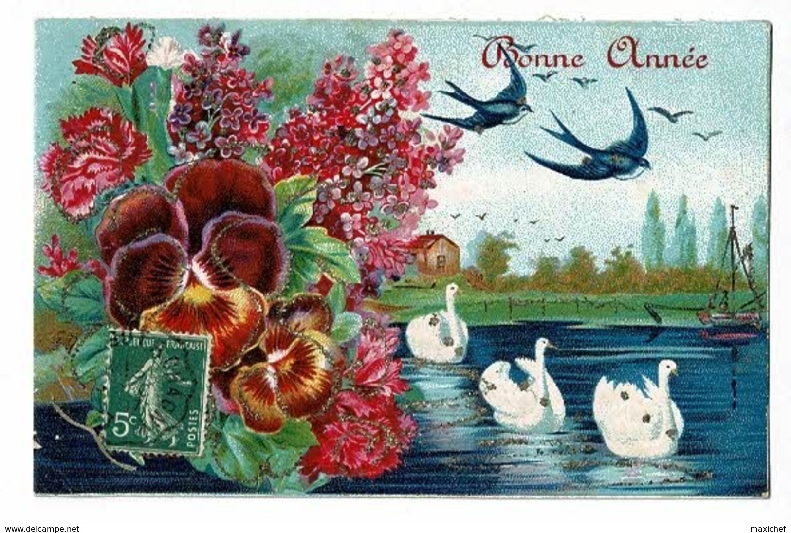 Carte Illustrée Avec Paillettes "Bonne Année" Hirondelles, Cygnes ,bouquet De Roses, Oeillets, Lilas - Circulé 1907 - Thanksgiving