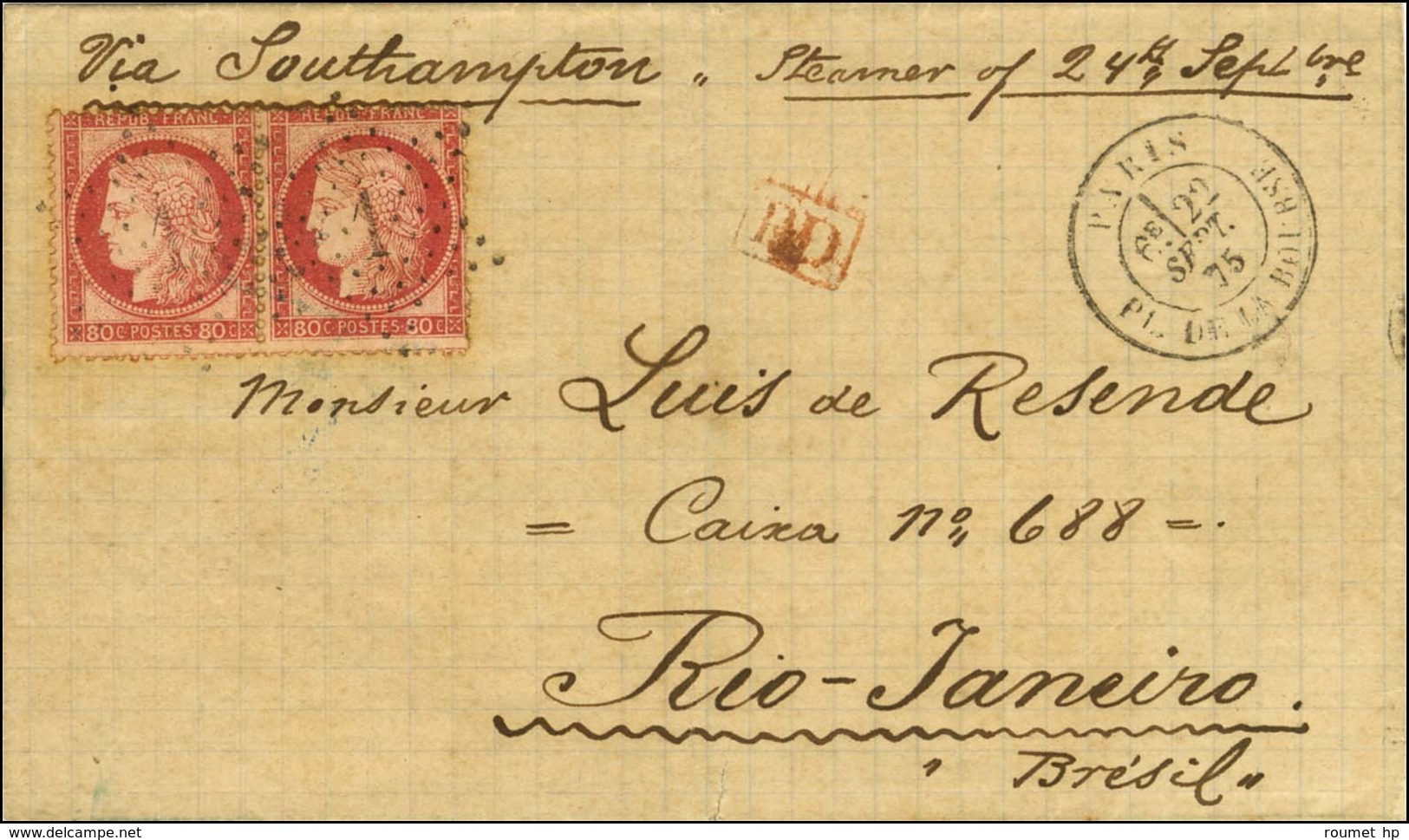 Etoile 1 / N° 57 Paire Càd PARIS / PL. DE LA BOURSE Sur Lettre 2 Ports Pour Rio De Janeiro. 1875. - TB / SUP. - R. - 1871-1875 Cérès