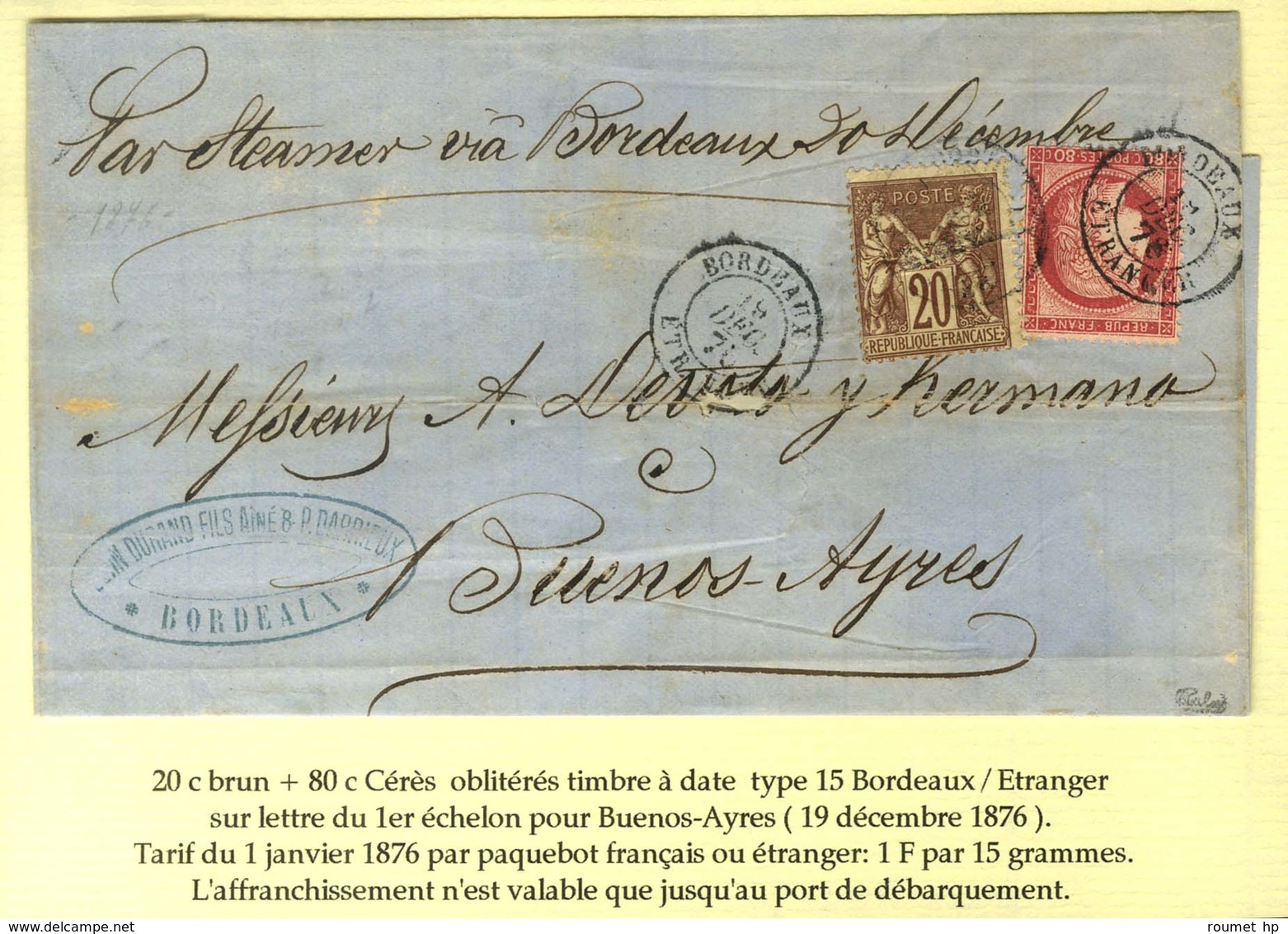 Càd BORDEAUX / ETRANGER / N° 57 + 67 (infime Pli) Sur Lettre Pour Buenos Aires. 1876. L'affranchissement N'est Valable Q - 1871-1875 Cérès