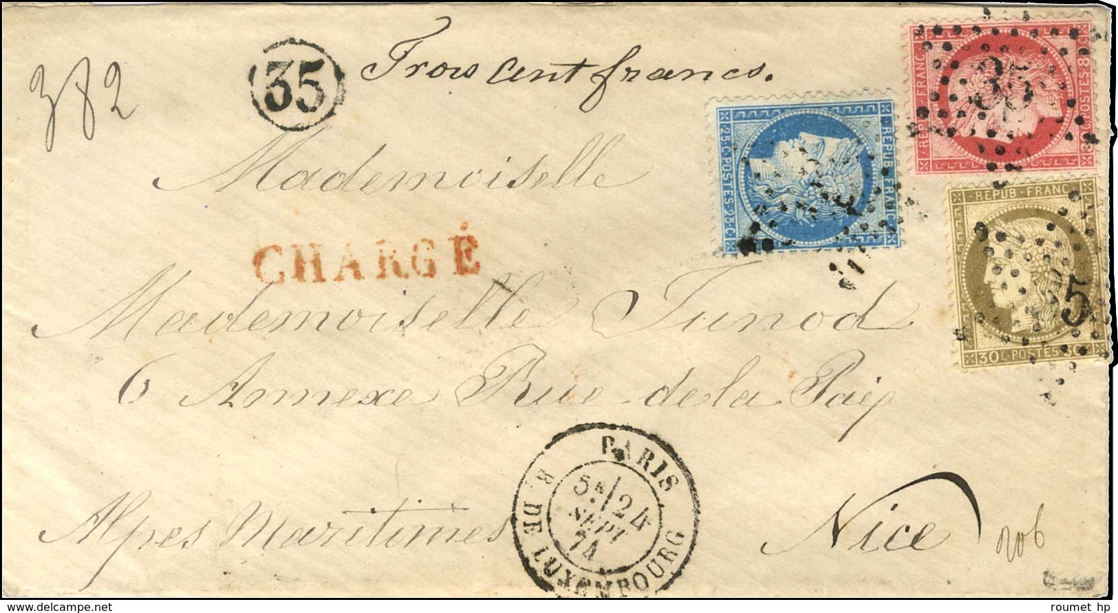 Etoile 35 / N° 56 + 57 + 60 Càd PARIS / R. DE LUXEMBOURG Sur Lettre Chargée Pour Nice. 1874. - SUP. - 1871-1875 Cérès