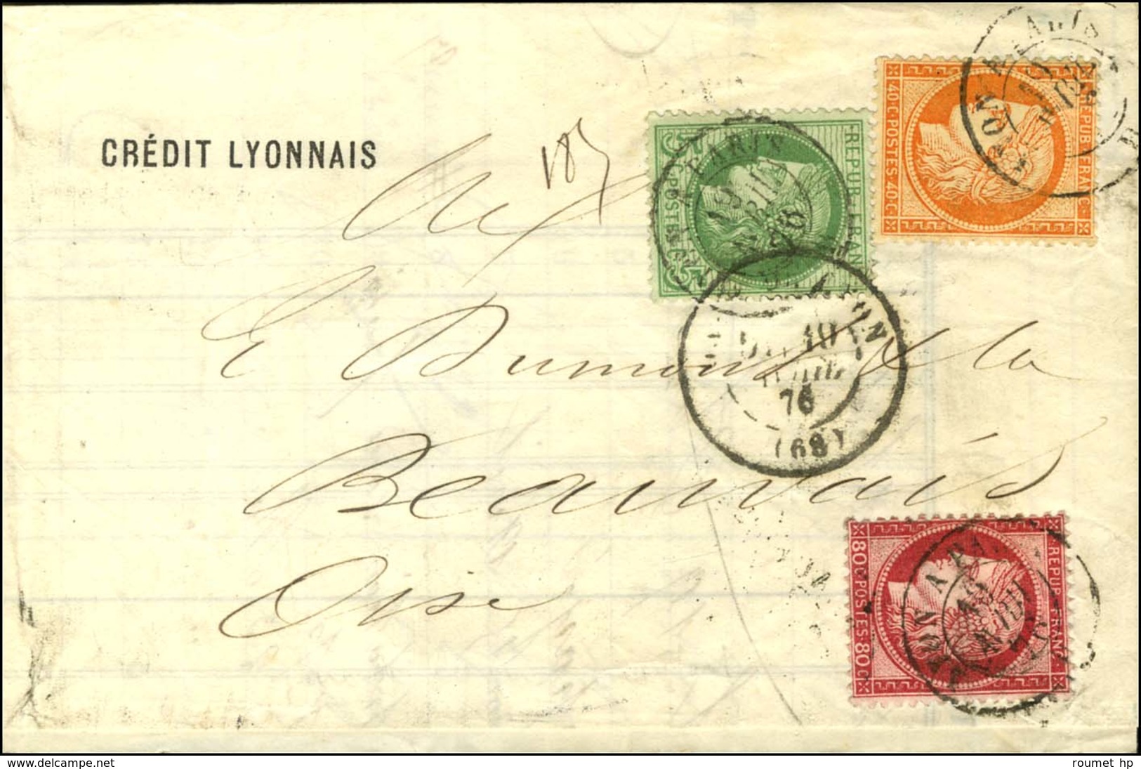 Càd Ambulant LYON A PARIS / N° 38 + 53 + 57 Sur Lettre Pour Beauvais. 1876. - TB. - 1871-1875 Cérès