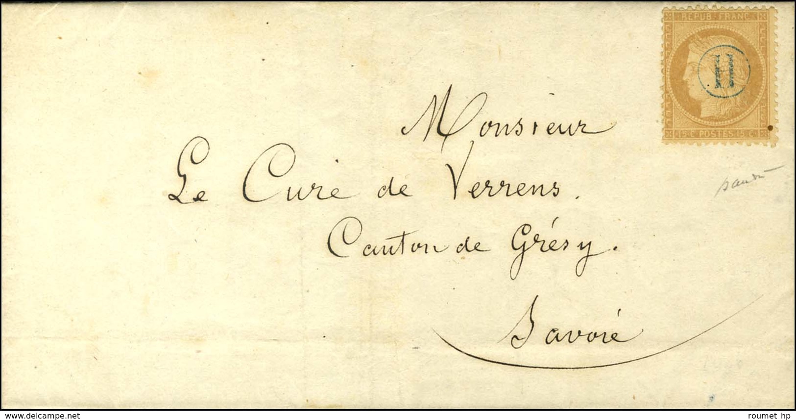 B. Rur. H Exceptionnellement Frappée En Bleu / N° 59 Sur Lettre Avec Texte Daté De L'abbaye De Tamié Le 14 Août 1872. -  - 1871-1875 Cérès