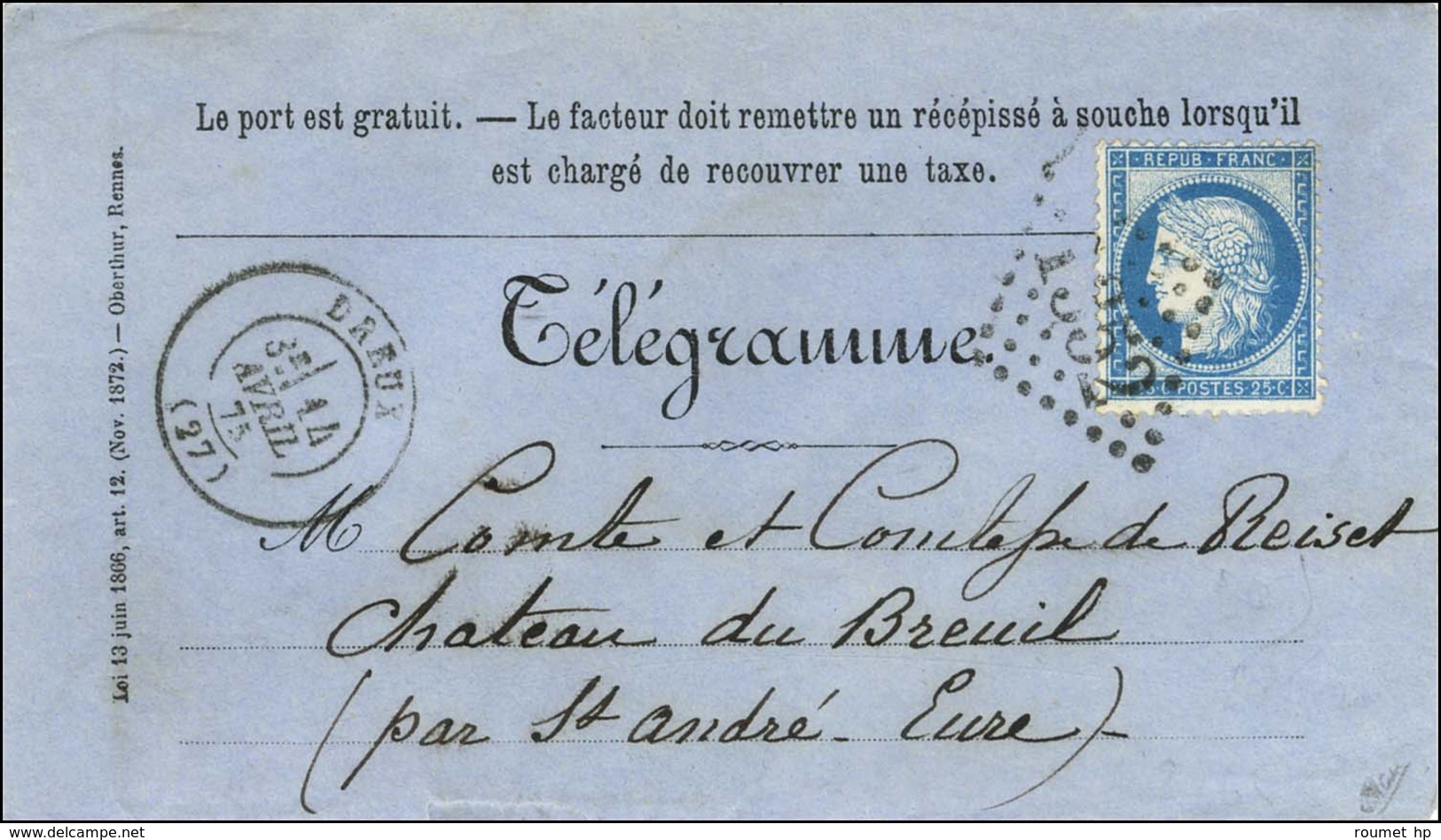 GC 1352 / N° 60 Càd T 17 DREUX (27) Sur Télégramme. 1875. - SUP. - 1871-1875 Cérès