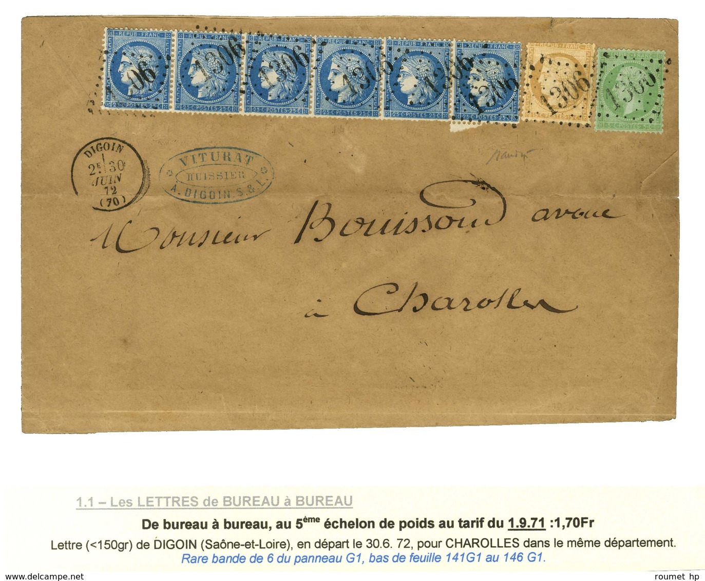 GC 1306 / N° 35 + 59 (def) + 60 Bande De 6 Càd T 16 DIGOIN (70) Sur Lettre Au 5e échelon De Poids Pour Charolles. 1872.  - 1871-1875 Cérès