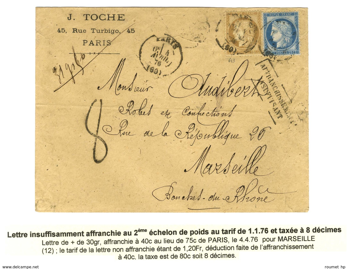 Càd PARIS (60) / N° 55 + 60 Sur Lettre Insuffisamment Affranchie Au 2e échelon Taxée 8 Au Tampon. 1876. - TB. - R. - 1871-1875 Cérès