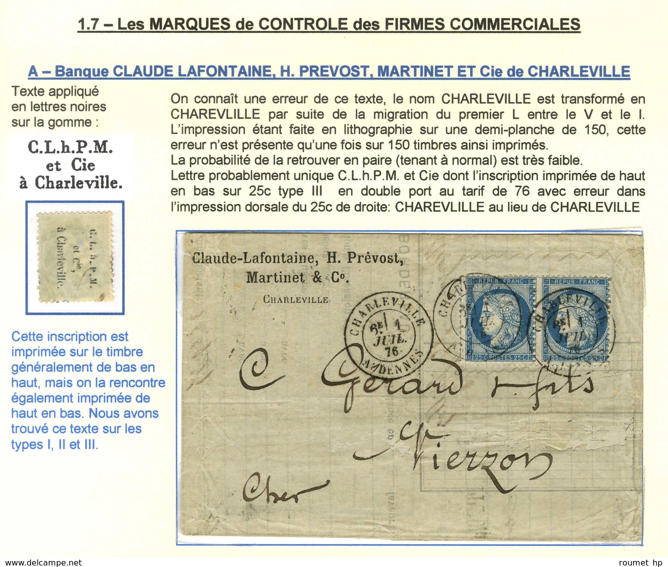 Càd CHARLEVILLE / ARDENNES / N° 60 Paire Avec Au Verso Des Timbres Les Marques De Contrôle De La Banque Claude-Lafontain - 1871-1875 Cérès